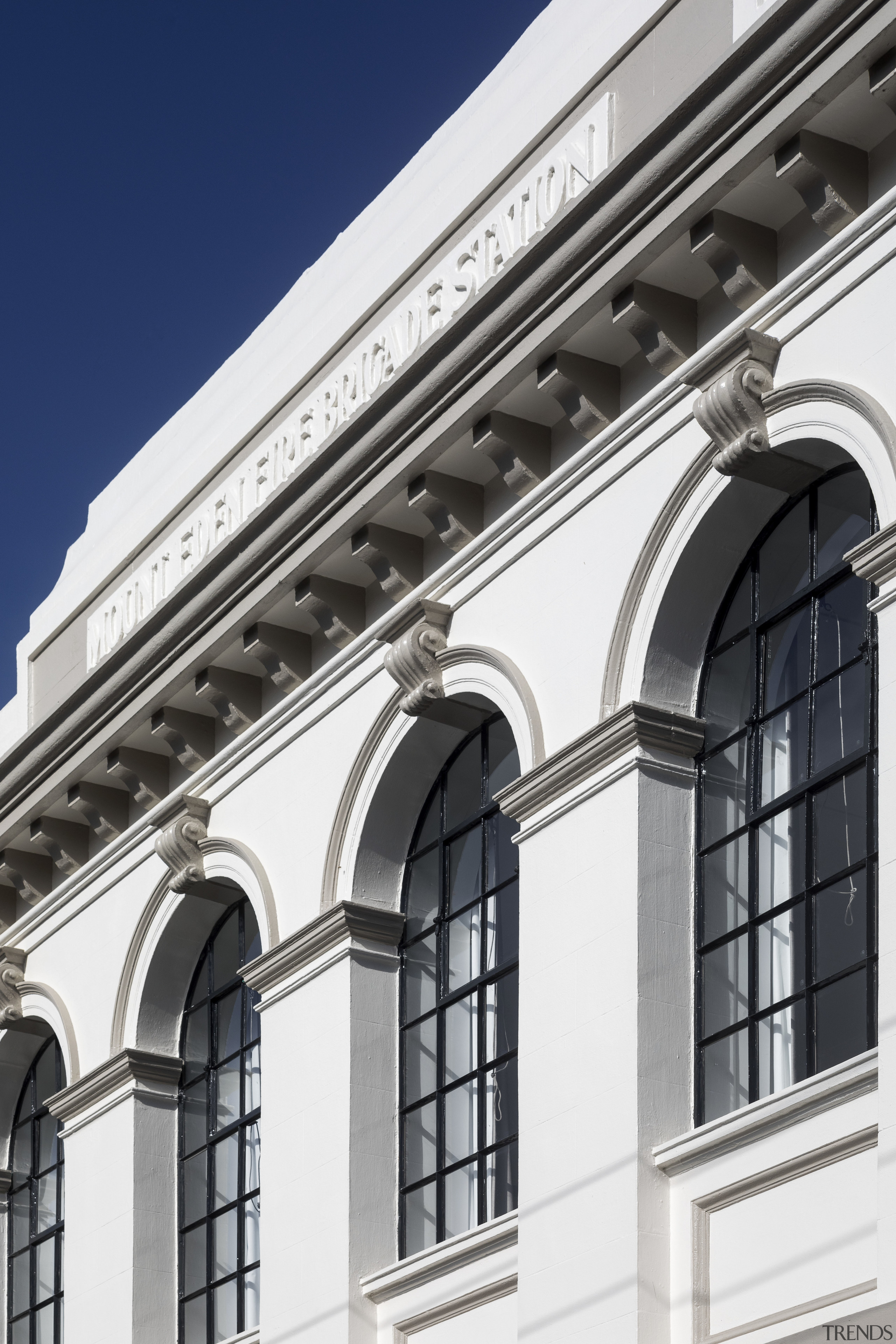 Steel window fenestrations on the Mt Eden Fire arch, architecture, building, classical architecture, daytime, facade, landmark, structure, window, white