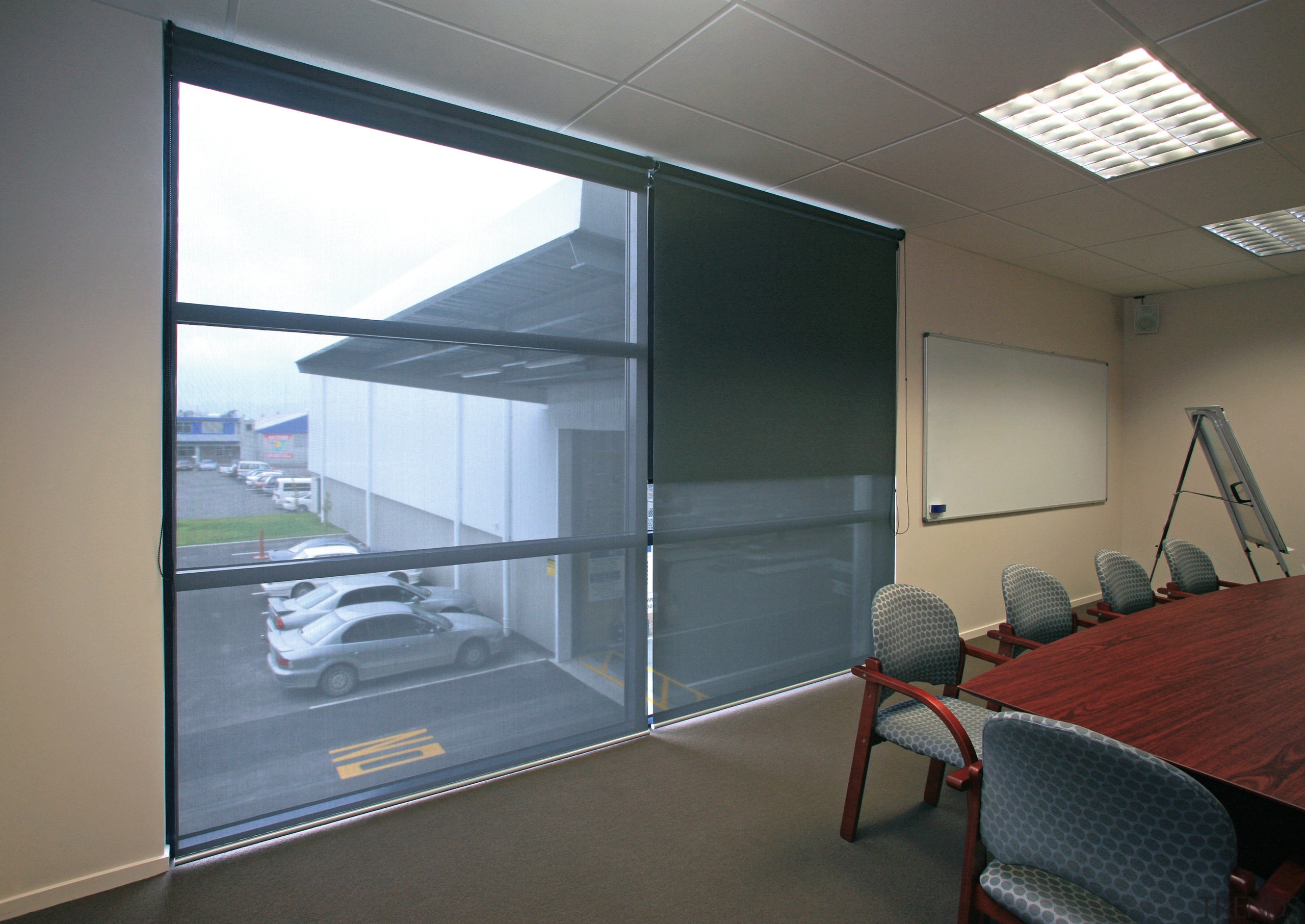 A view of some blinds from Window Treatments architecture, door, glass, interior design, office, wall, window, gray