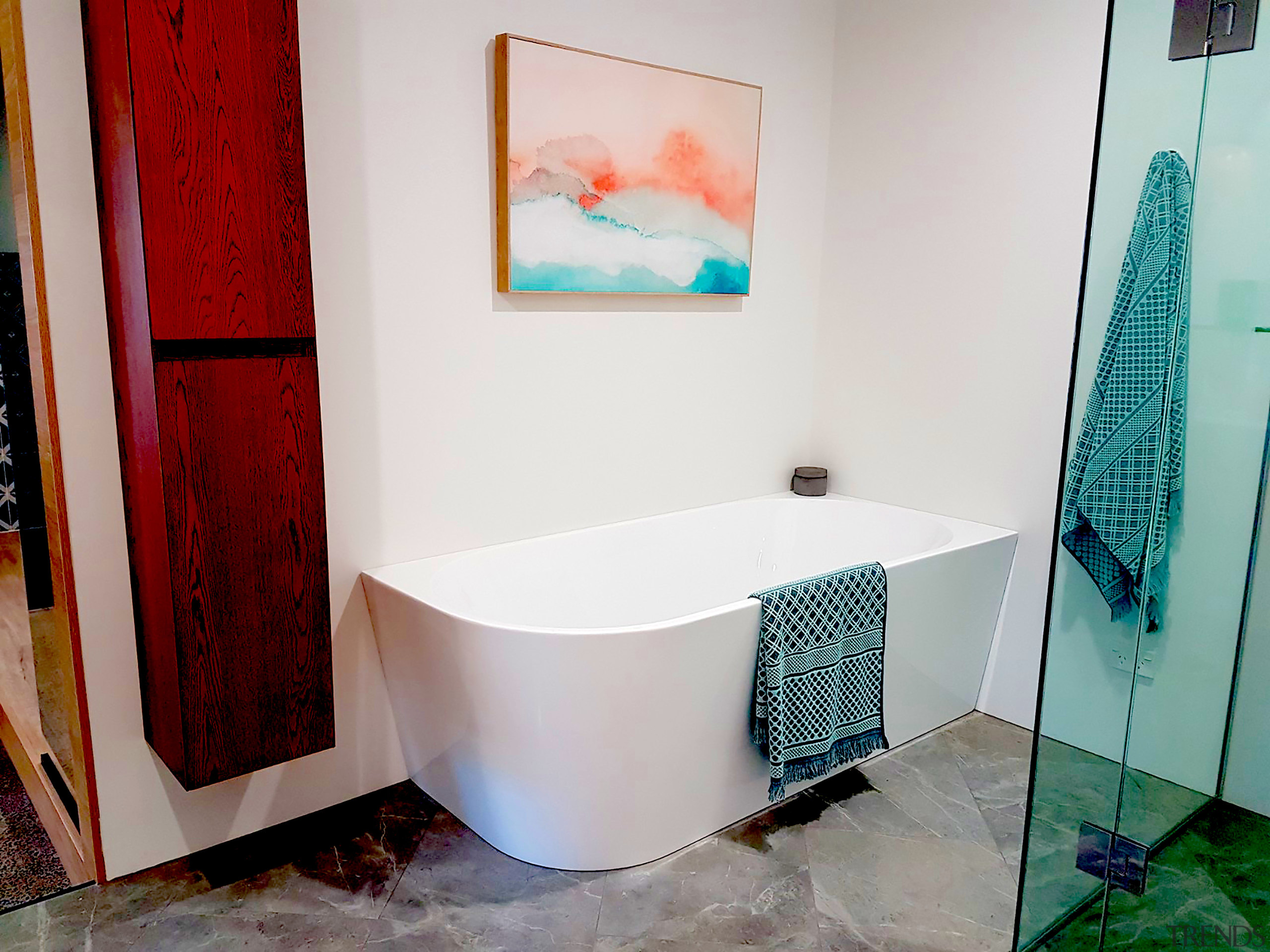 Foto from Newtech Bathroomaware - Corner bath tub bathroom, floor, flooring, interior design, plumbing fixture, property, room, tile, white