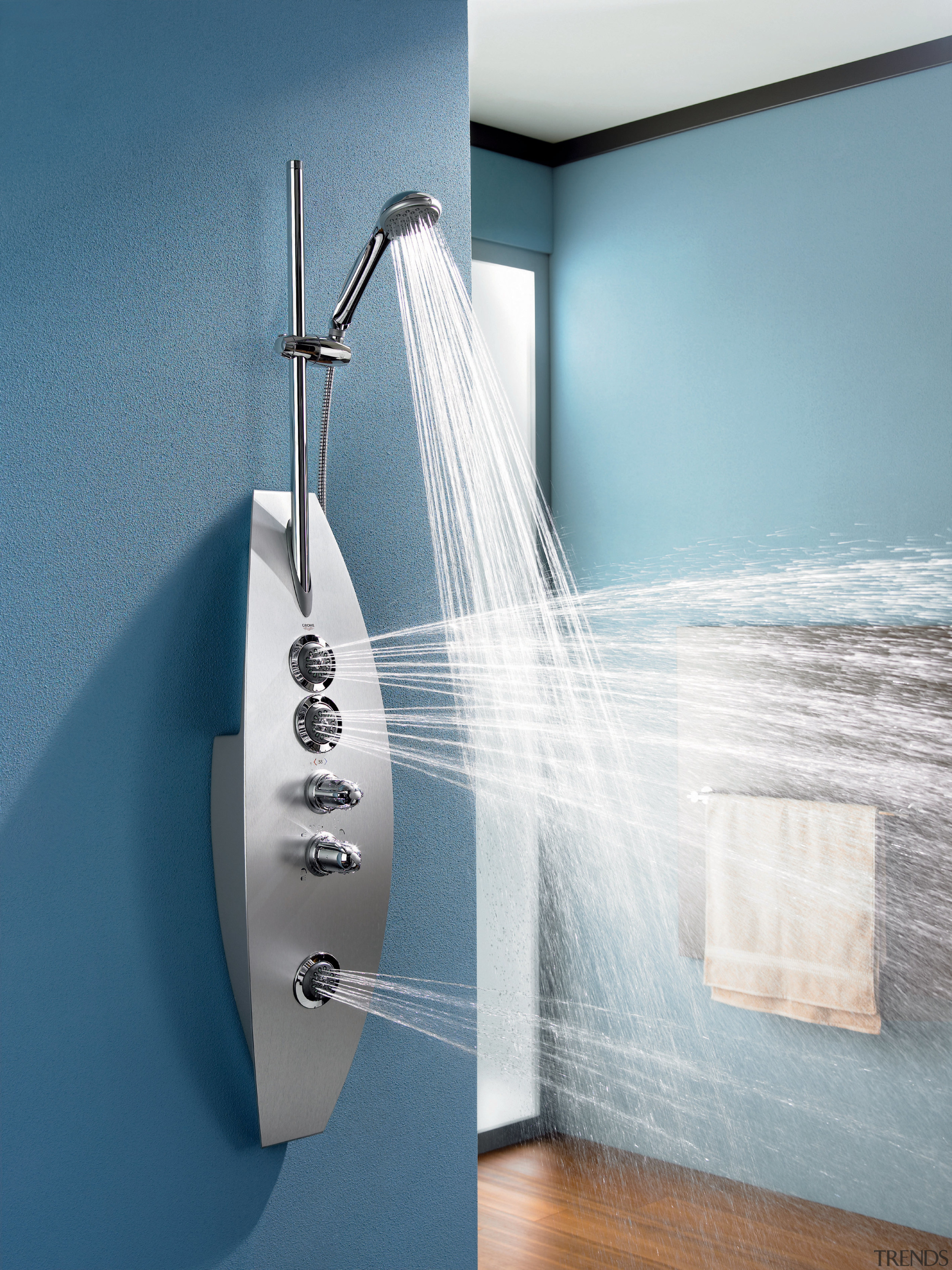 view of the grohe aqua tower shower system plumbing fixture, product design, tap, teal, gray