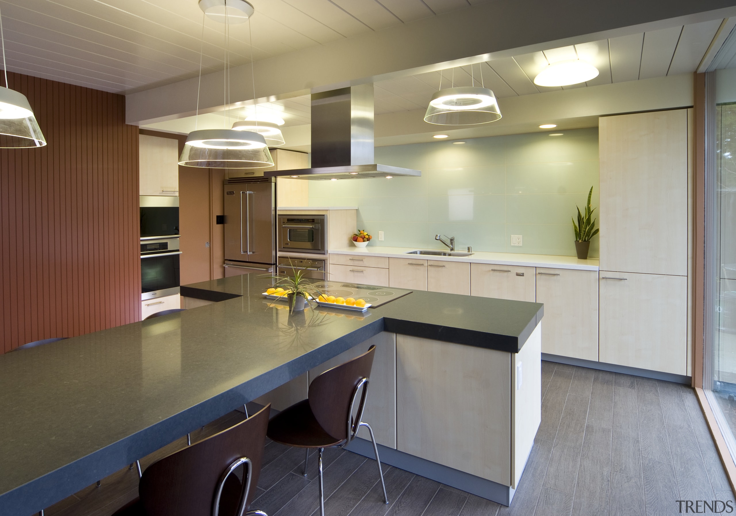 View of contemporary kitchen, bench, breakfast bar, white countertop, interior design, kitchen, real estate, room, gray, brown