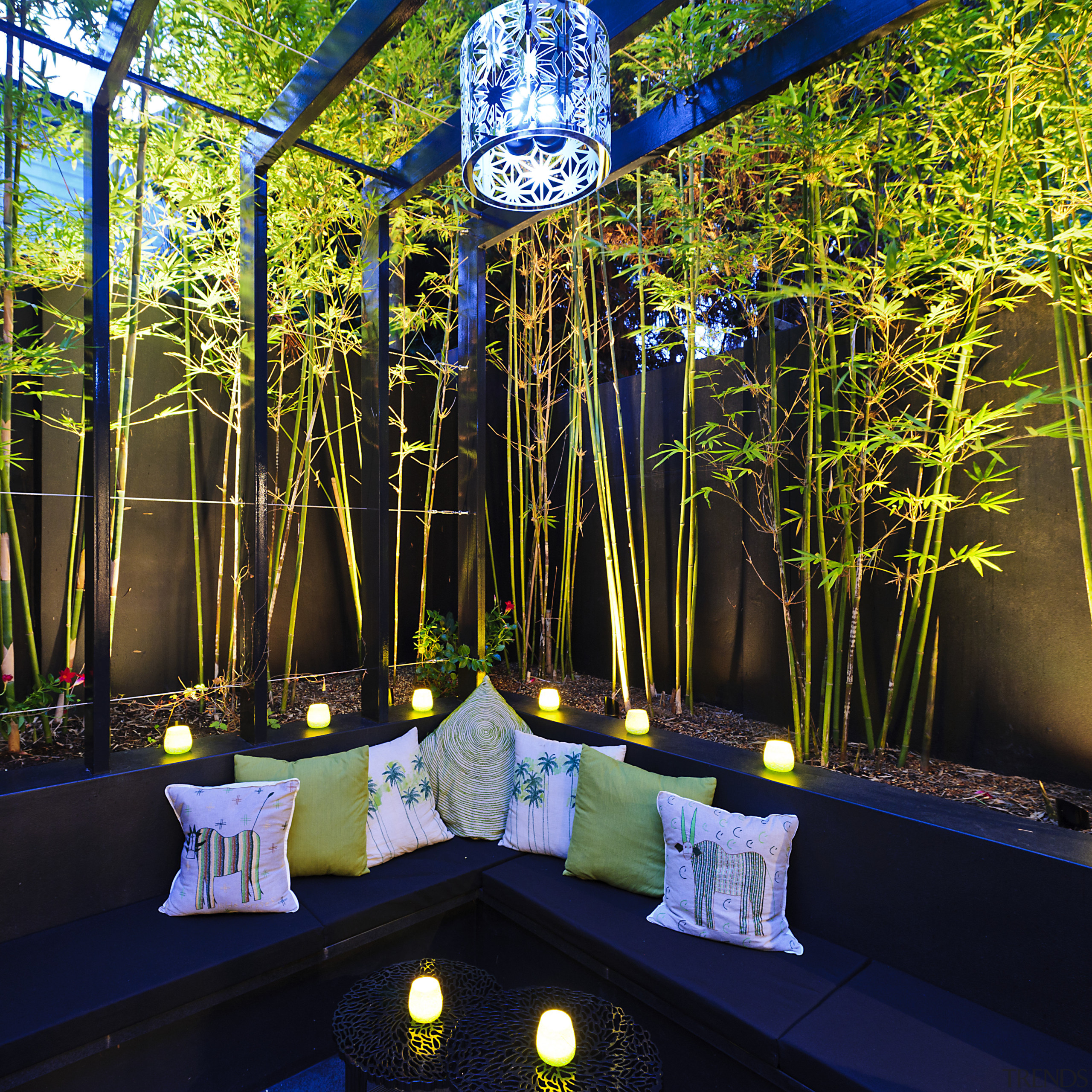 View of outdoor area with landscaping and seating green, lighting, majorelle blue, plant, reflection, tree, water, black