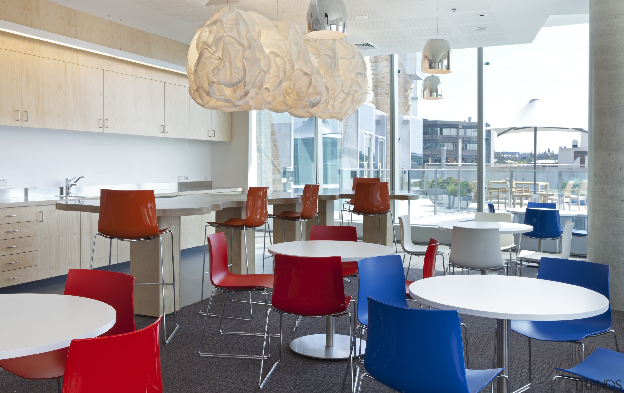 Cloud lighting heightens the treehouse analogy in the architecture, cafeteria, chair, furniture, interior design, office, product design, restaurant, table, white