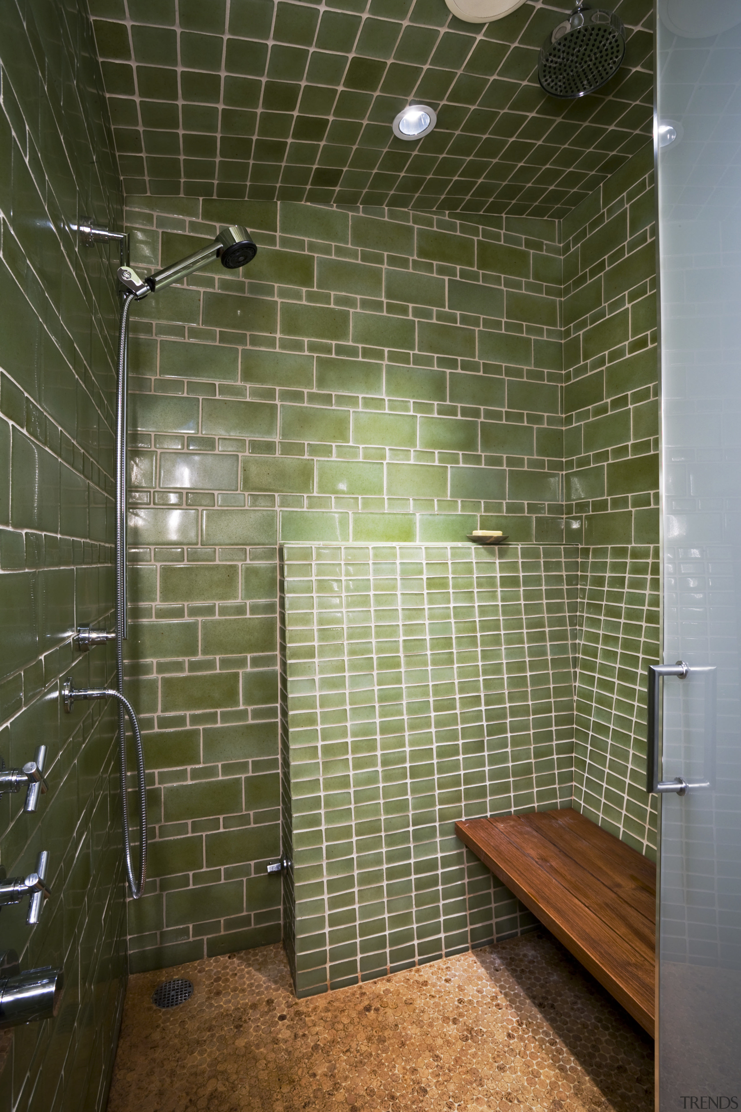 View of shower enclosure with faucetry, recycled glass bathroom, ceiling, daylighting, floor, flooring, glass, interior design, room, tile, wall, brown