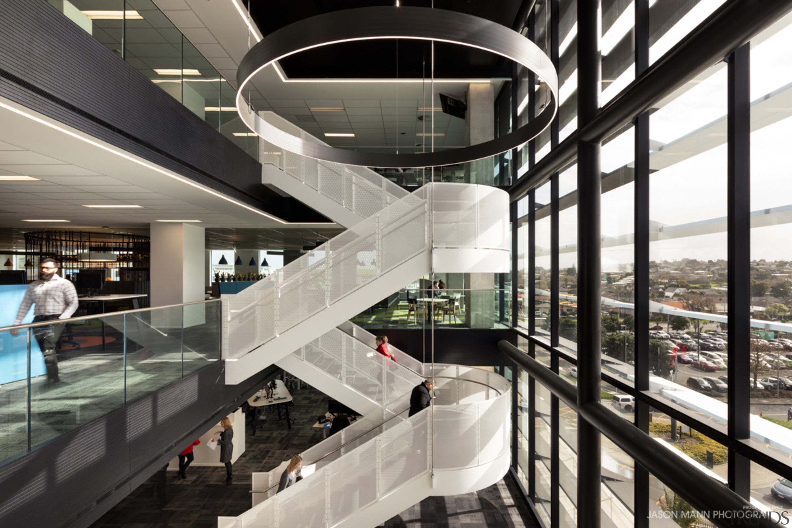 Large open floor plates in No.1 Sylvia Park architecture, building, design, nterior design, stairs, black, white,  Sprial stairway, Sylvia Park, Unispace, IAG