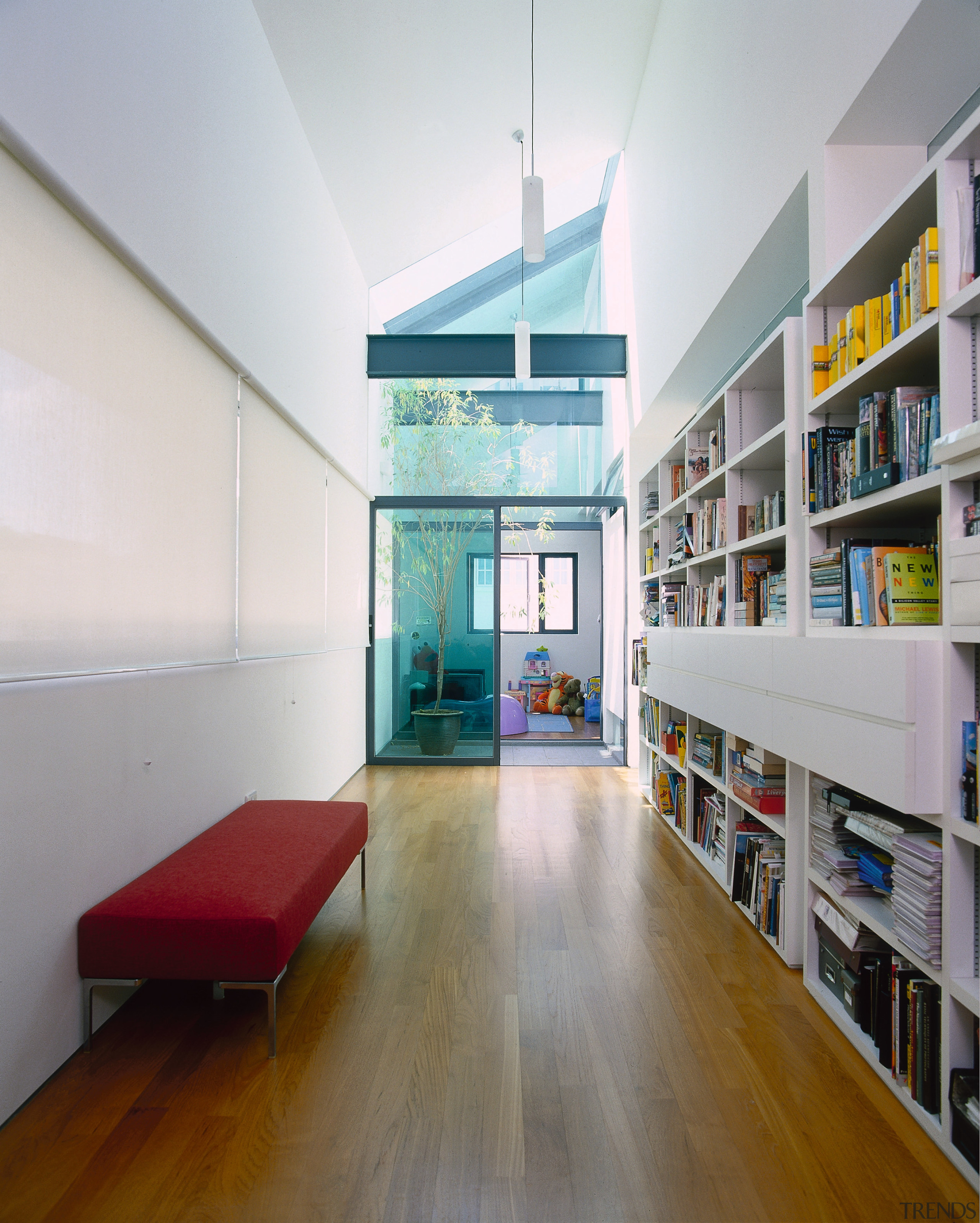 view of the hallway leading to the childrenns architecture, ceiling, daylighting, floor, house, interior design, loft, real estate, shelving, gray, white