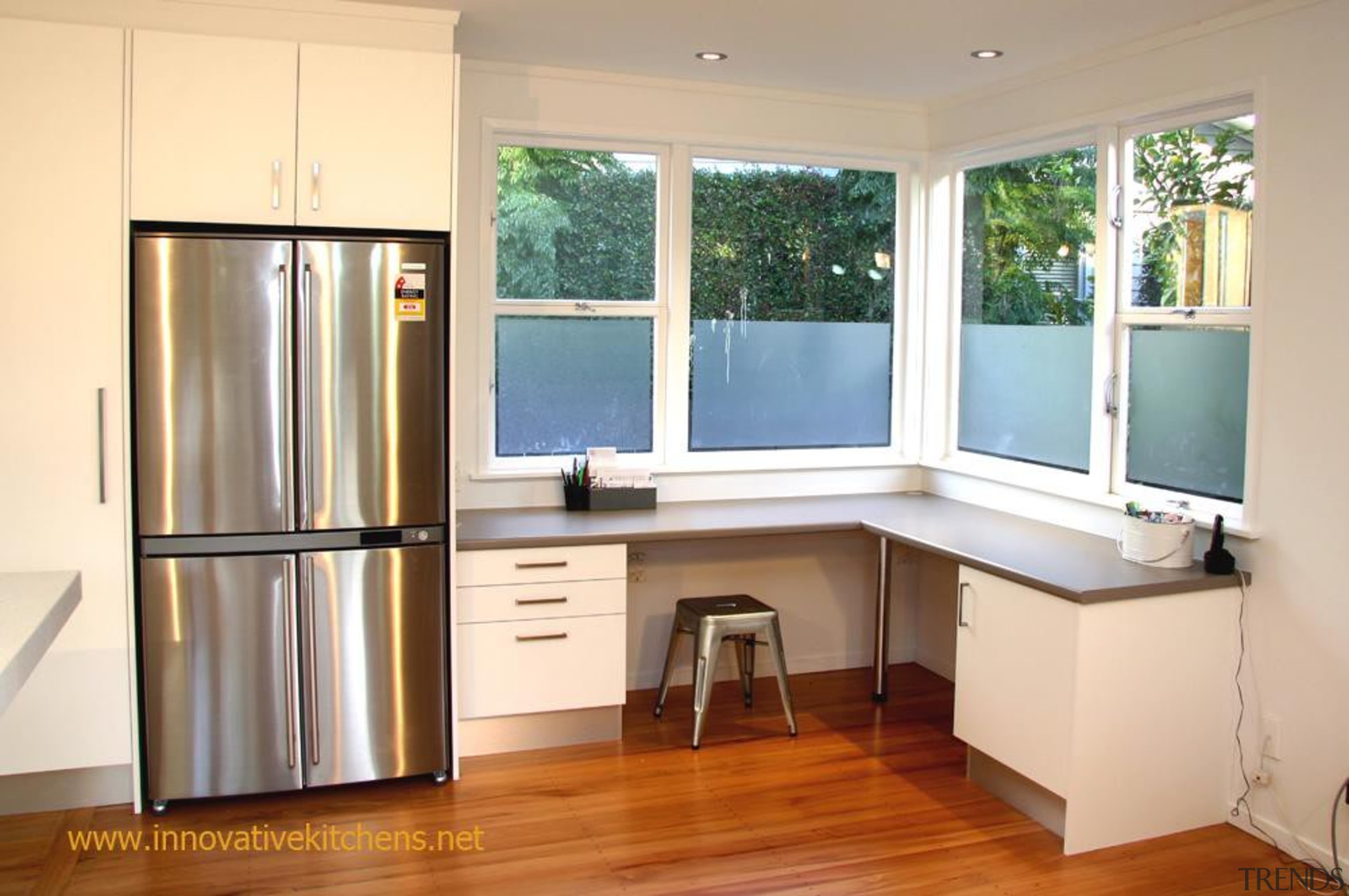Office area, utility area, matching kitchen - modern_glendowie_2013_5.jpg cabinetry, floor, hardwood, home, interior design, kitchen, real estate, room, window, orange