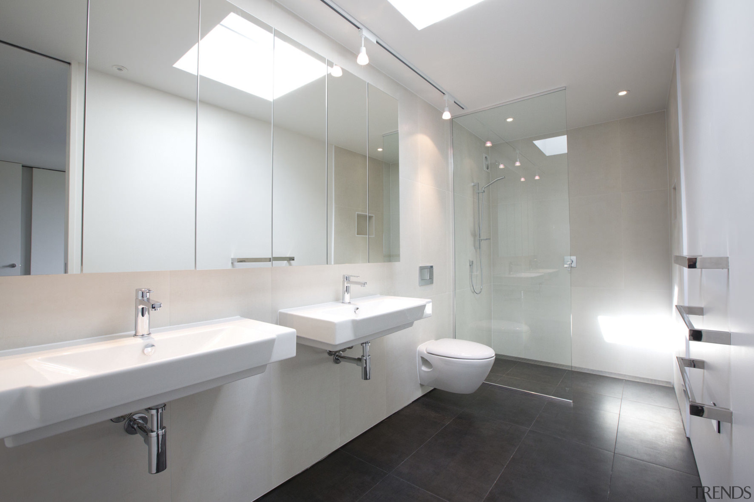 bathroom at The Life at Home street of architecture, bathroom, floor, interior design, plumbing fixture, product design, property, real estate, room, sink, gray, white