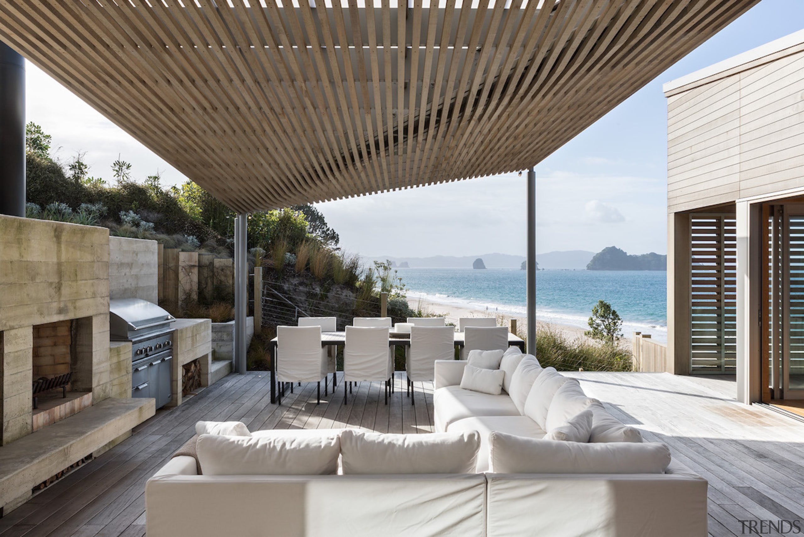 The positioning of the two main building forms architecture, condominium, estate, house, interior design, patio, penthouse apartment, property, real estate, roof, white