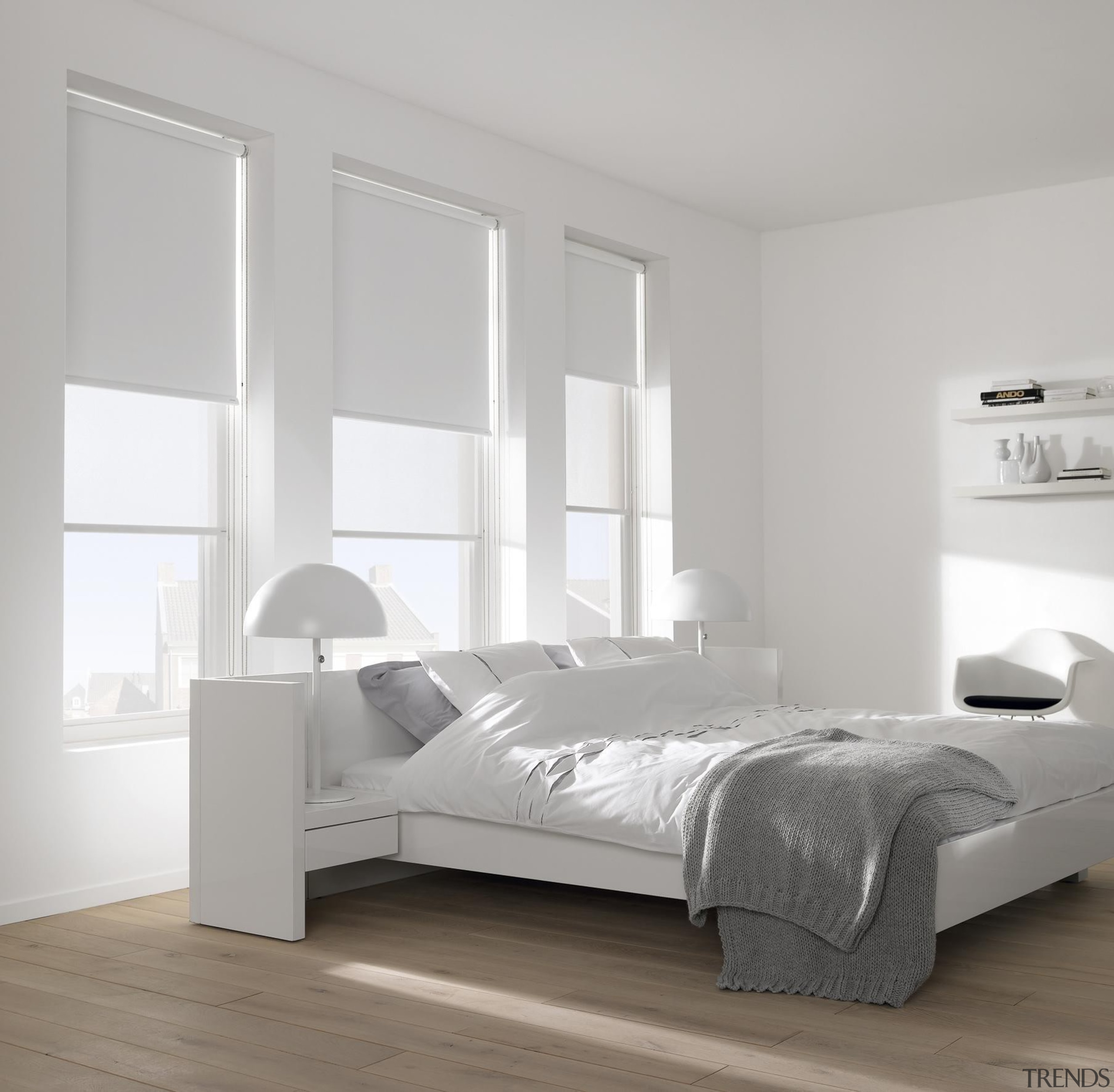 luxaflex roller blinds - luxaflex roller blinds - bed, bed frame, bed sheet, bedroom, floor, furniture, interior design, mattress, product design, wood, gray