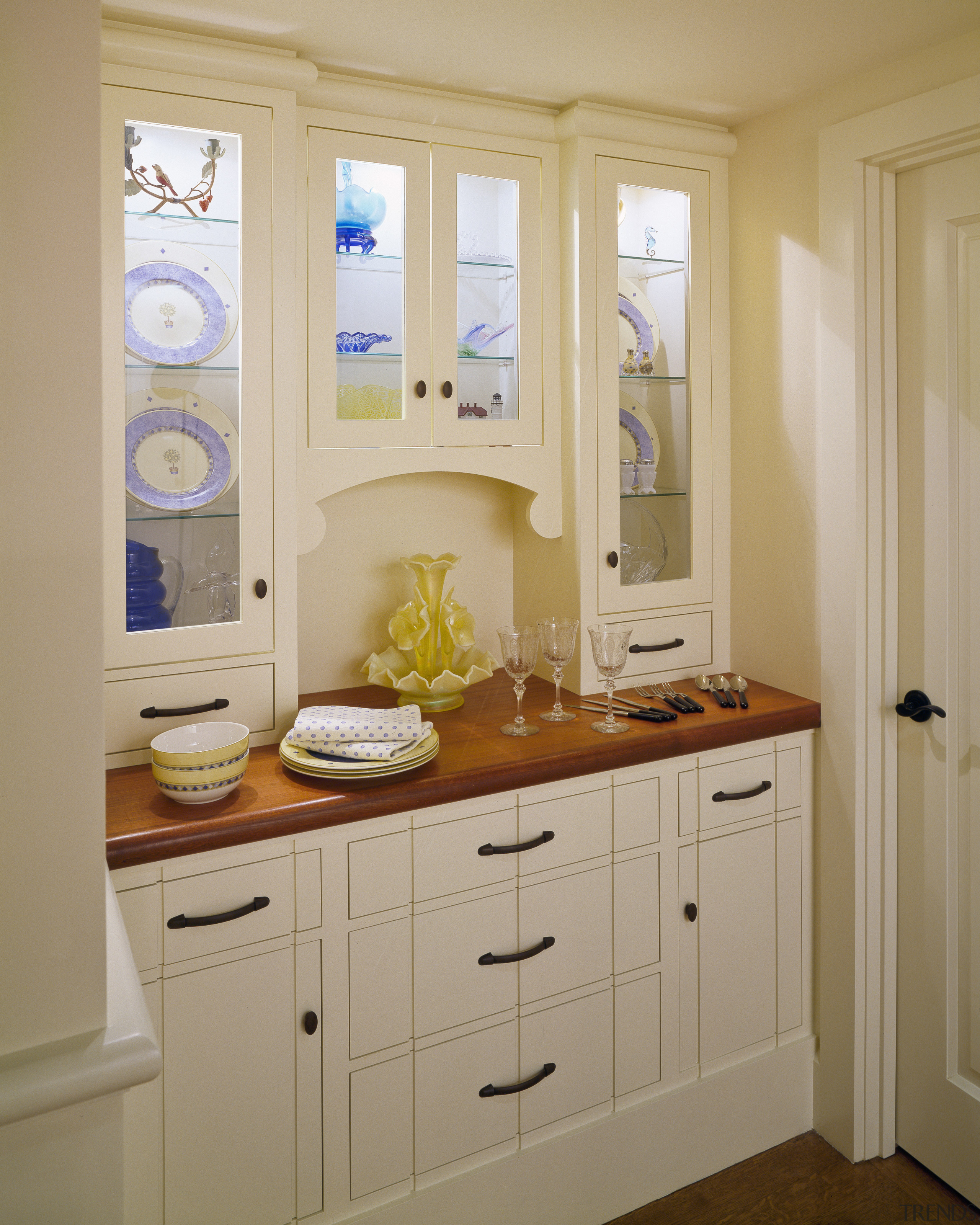 View of light toned kitchen cabinet. - View bathroom, bathroom accessory, bathroom cabinet, cabinetry, countertop, cuisine classique, furniture, home, interior design, kitchen, room, sink, wall, window, orange, brown
