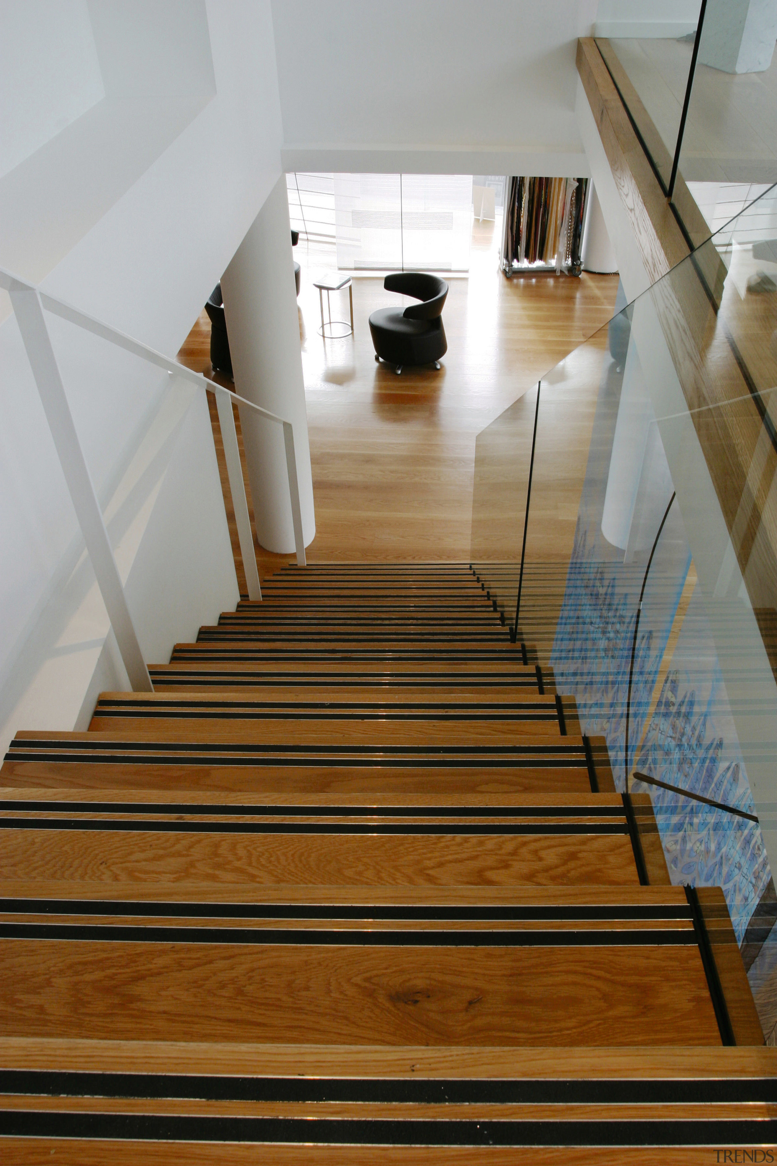 Pale hardwood floors from Ironwood Australia were used architecture, daylighting, floor, flooring, handrail, hardwood, interior design, laminate flooring, stairs, wood, wood flooring, gray, brown