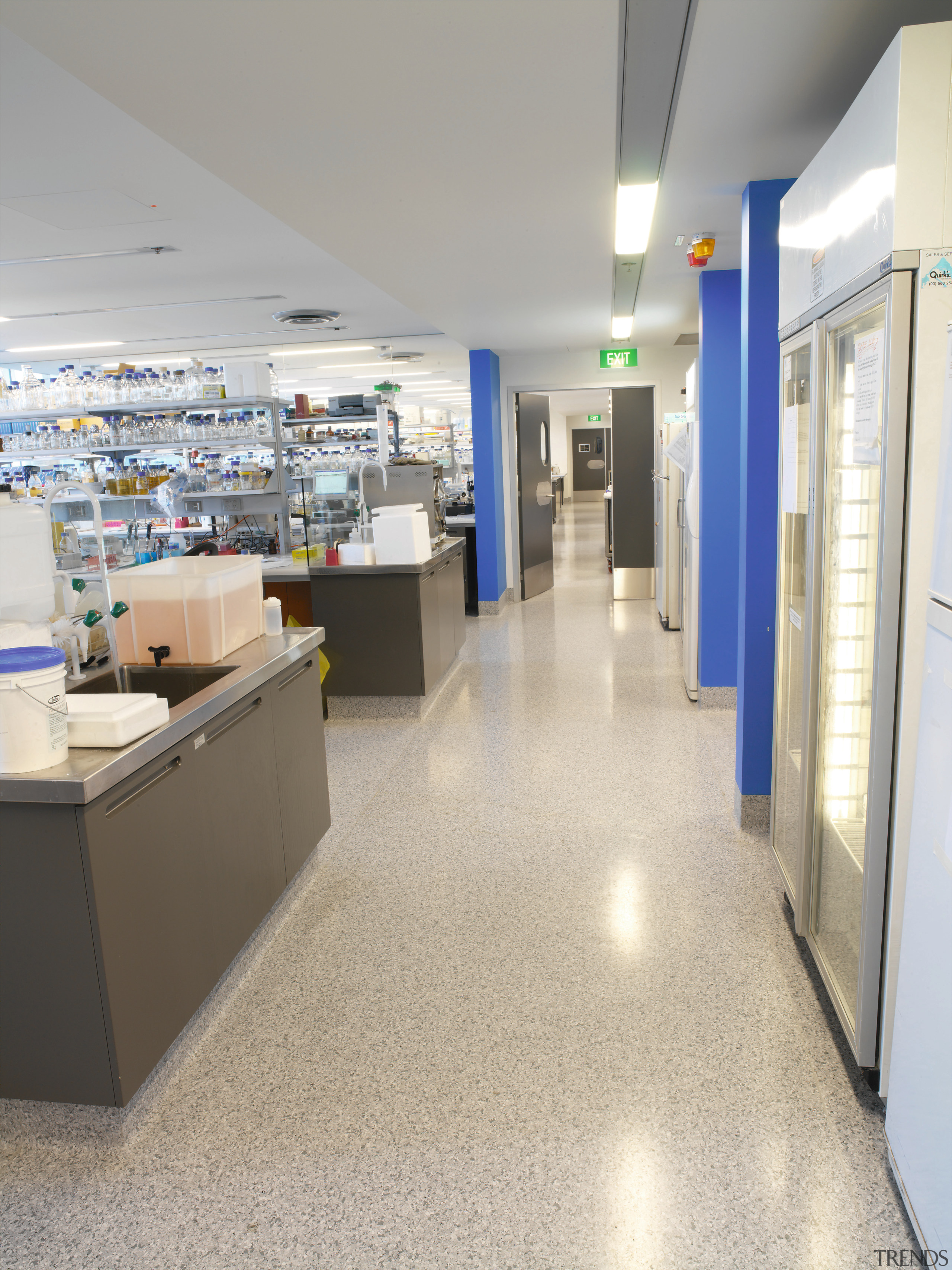 View of laboratory with speckled flooring and blue floor, flooring, institution, interior design, gray