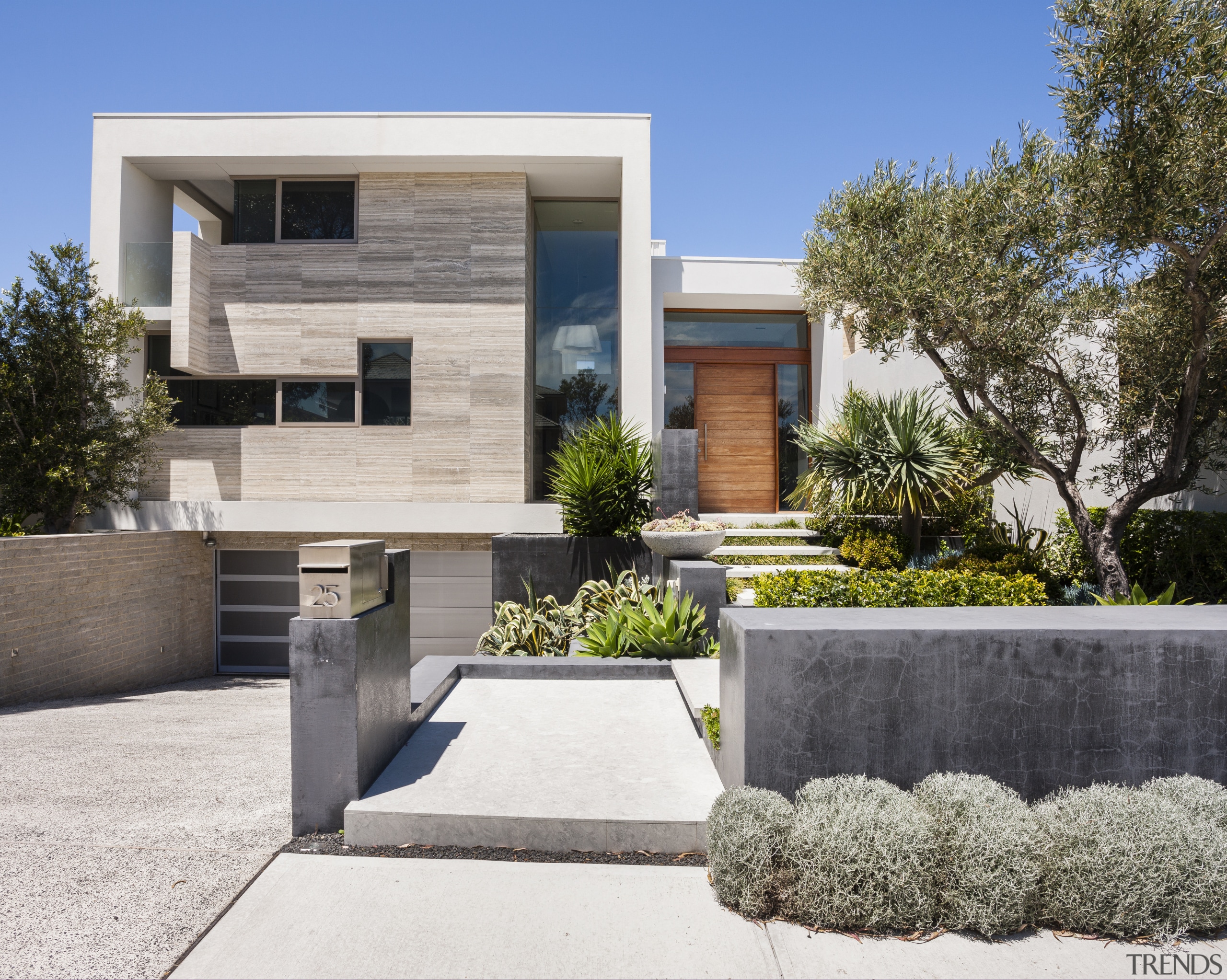 Silver travertine arranged in an abstract composition enlivens architecture, courtyard, elevation, estate, facade, home, house, neighbourhood, property, real estate, residential area, white