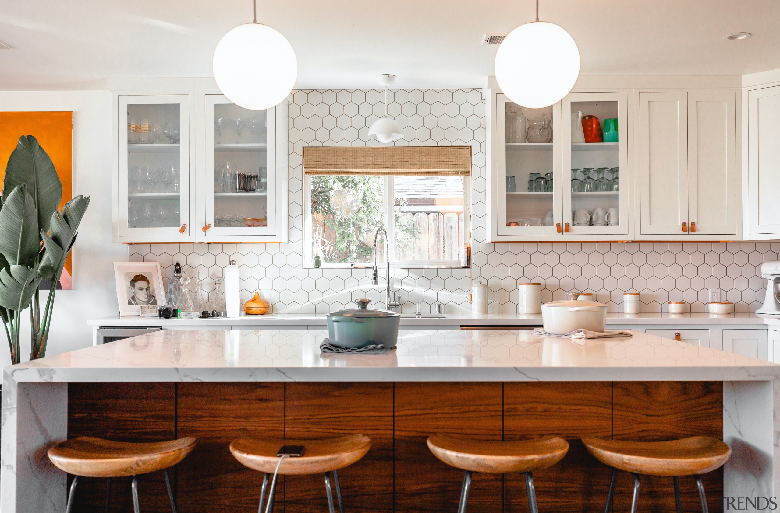 Kitchen with hexagon tile splashback -  