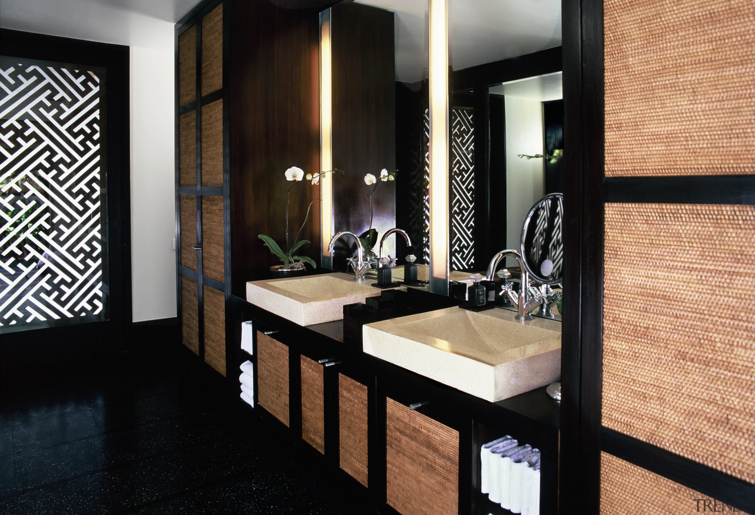 view of the sleek white apaiser stone/terrazzo basins flooring, interior design, room, suite, black