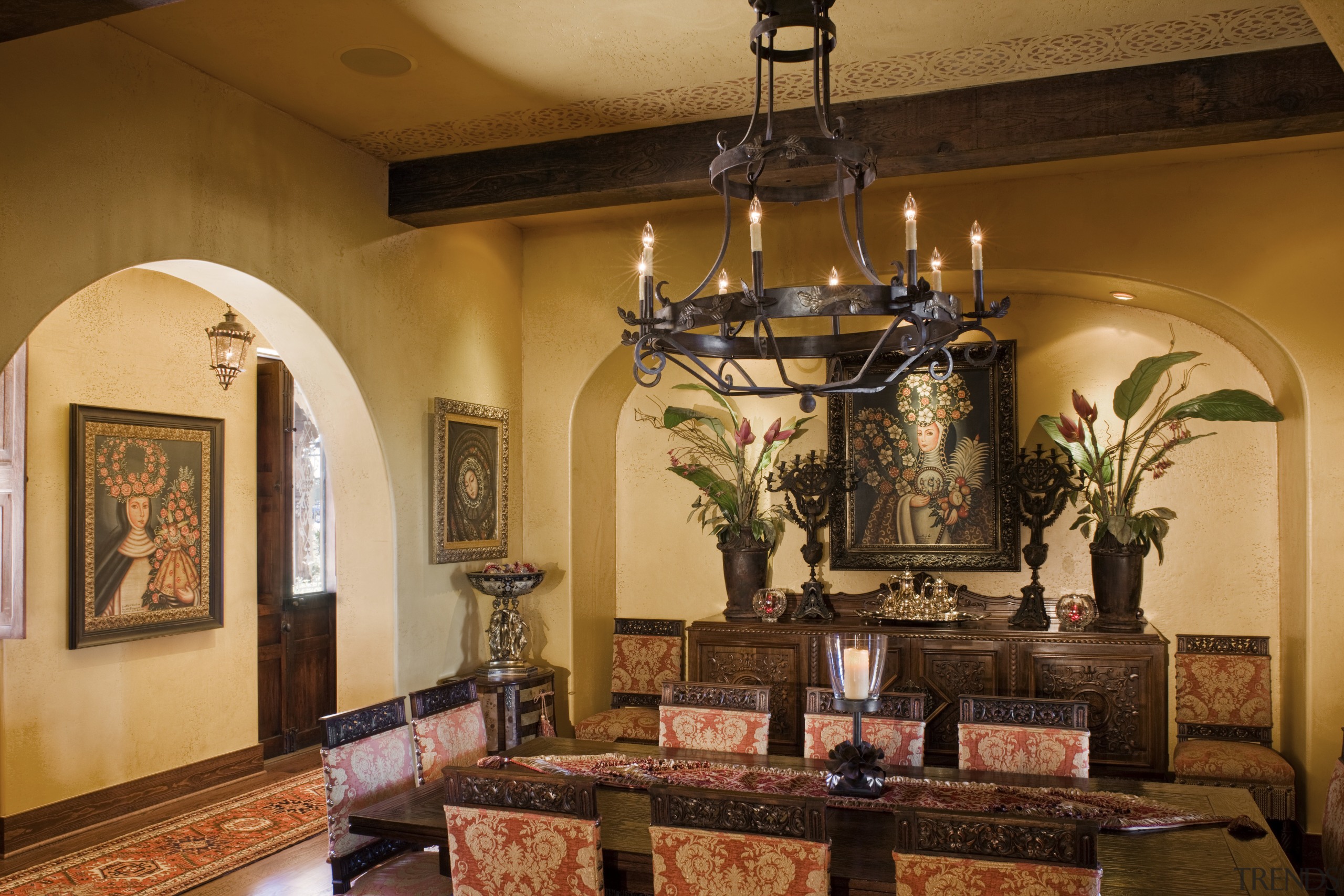 Image of the dining room which has been ceiling, chapel, estate, furniture, hacienda, home, interior design, living room, room, brown, orange