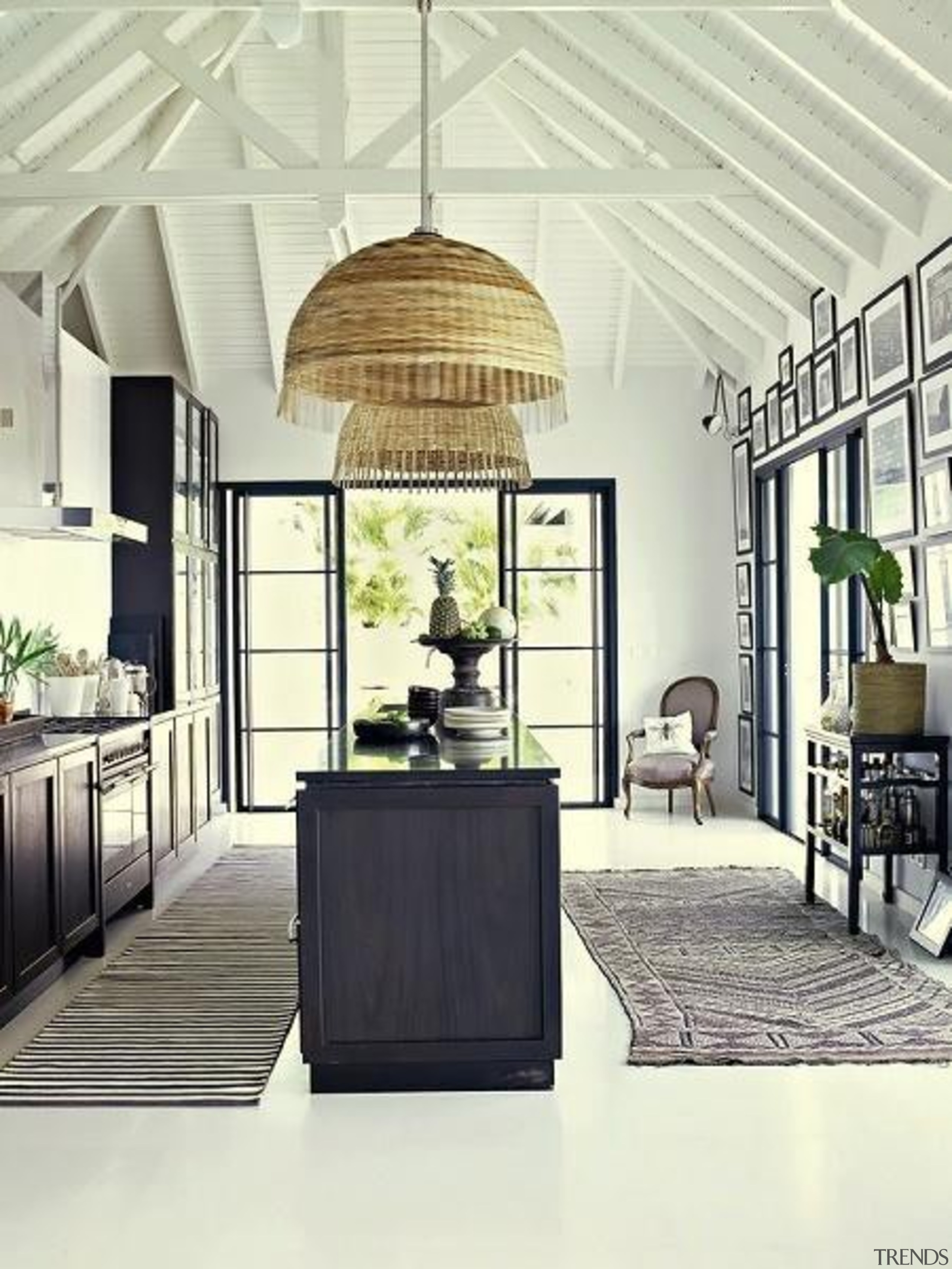 Kitchen love - high celling, huge light pendants, ceiling, floor, furniture, interior design, lobby, table, white