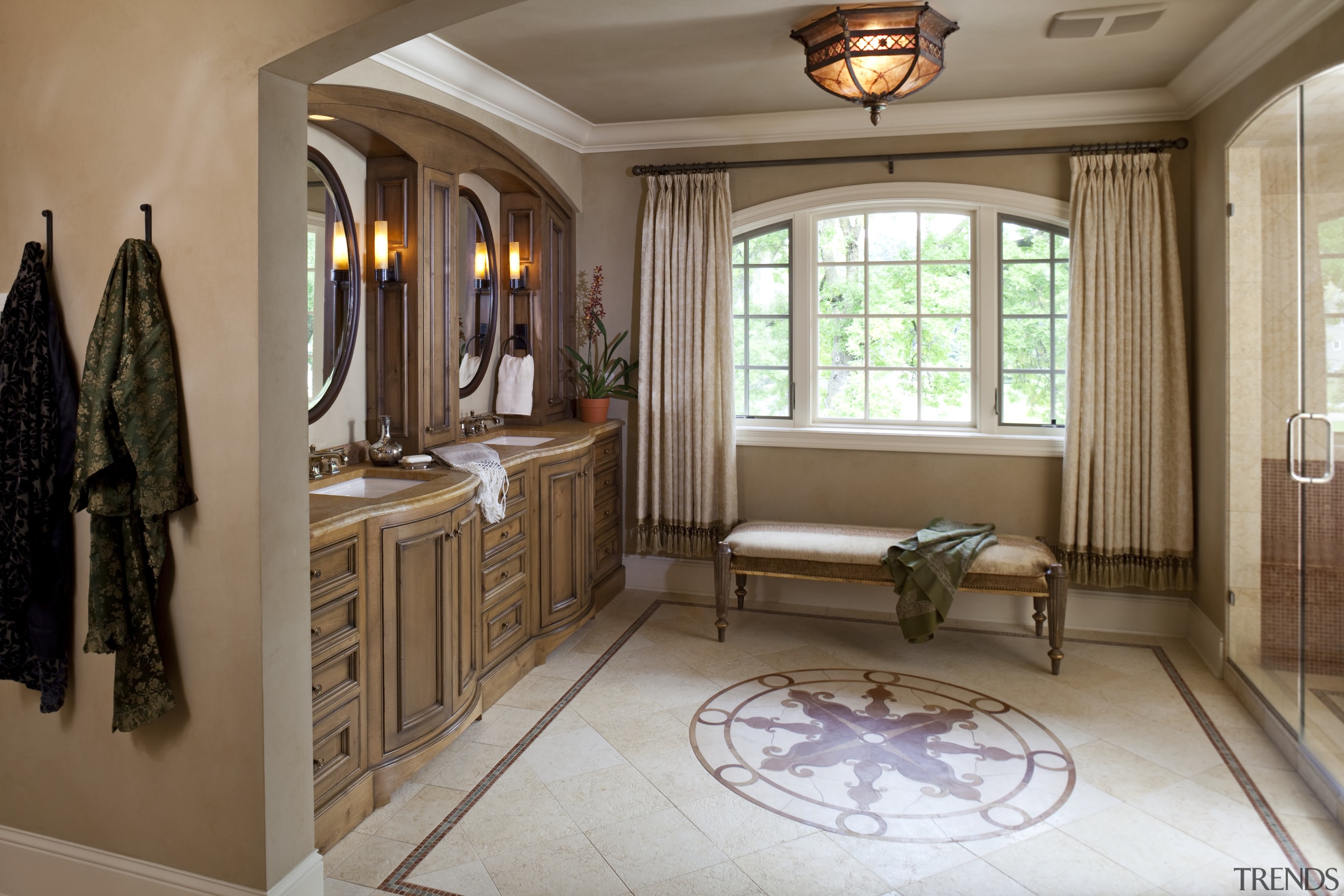 View of a bathroom which features vanity with ceiling, estate, floor, flooring, home, interior design, property, real estate, room, window, brown