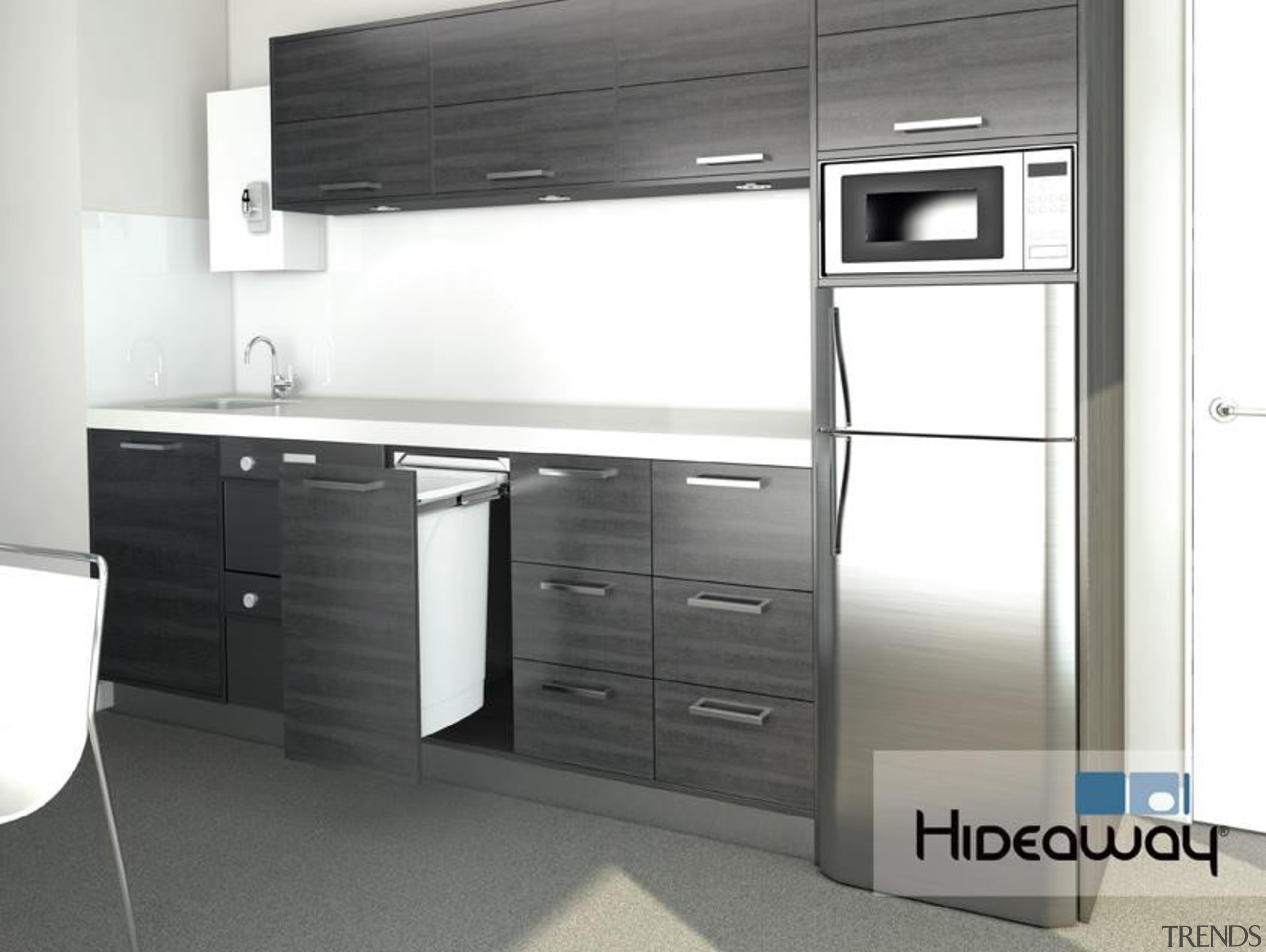 Hideaway Bins are durable and versatile, capable of cabinetry, home appliance, kitchen, major appliance, product, product design, white, gray