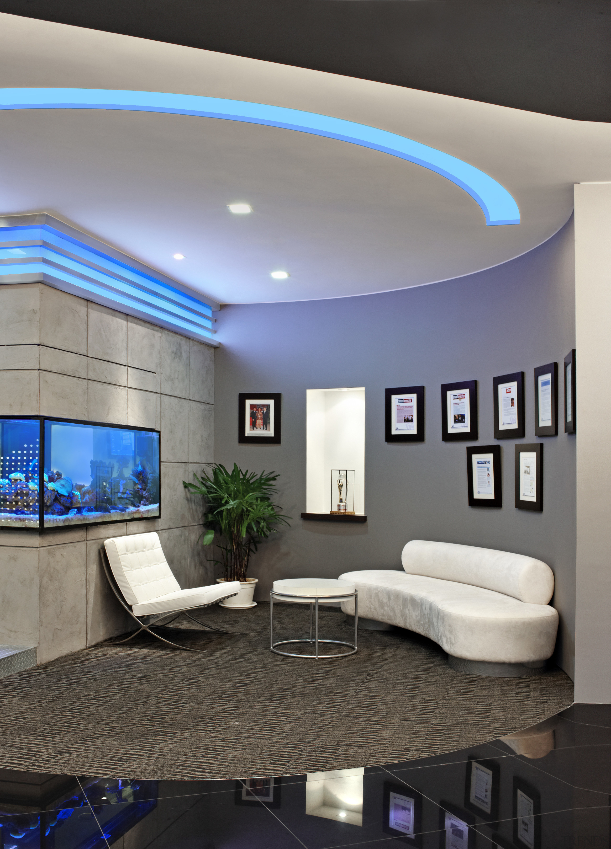 View of the security specialists Nexbis offices, reception ceiling, daylighting, home, interior design, lighting, living room, room, wall, gray, black