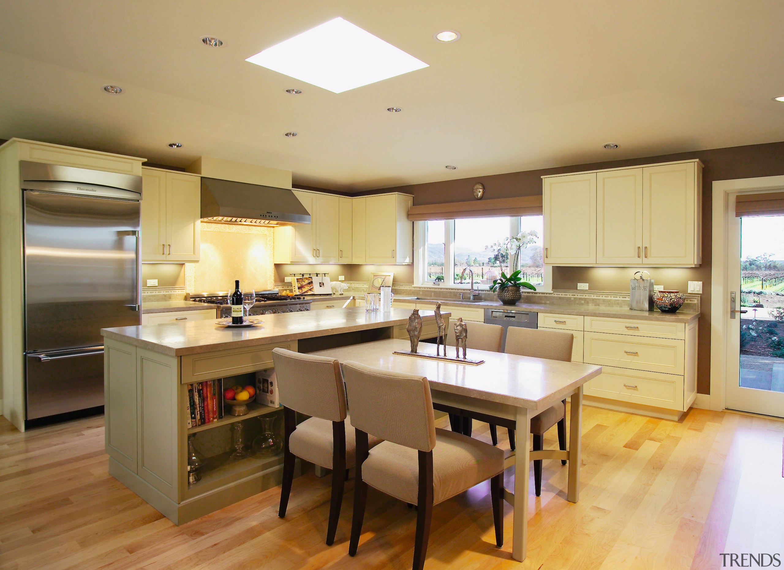 Pale yellow contemporary kitchen - Pale yellow contemporary cabinetry, countertop, cuisine classique, flooring, interior design, kitchen, real estate, room, orange, brown