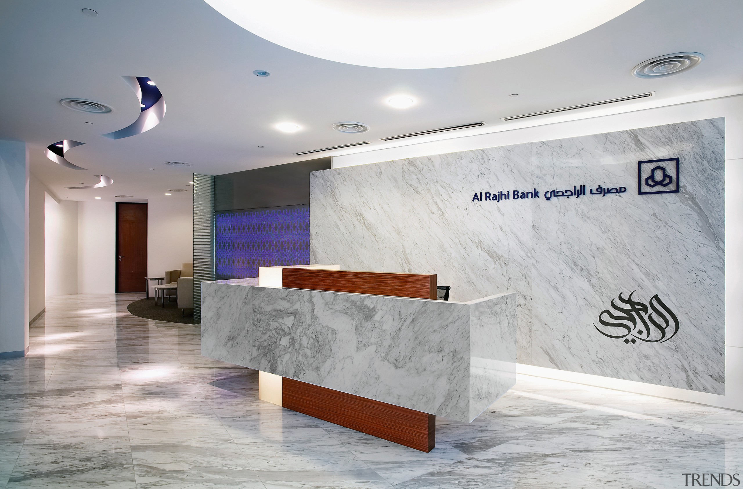 A view of the Al Rajhi Bank in ceiling, floor, flooring, interior design, lobby, product design, gray, white