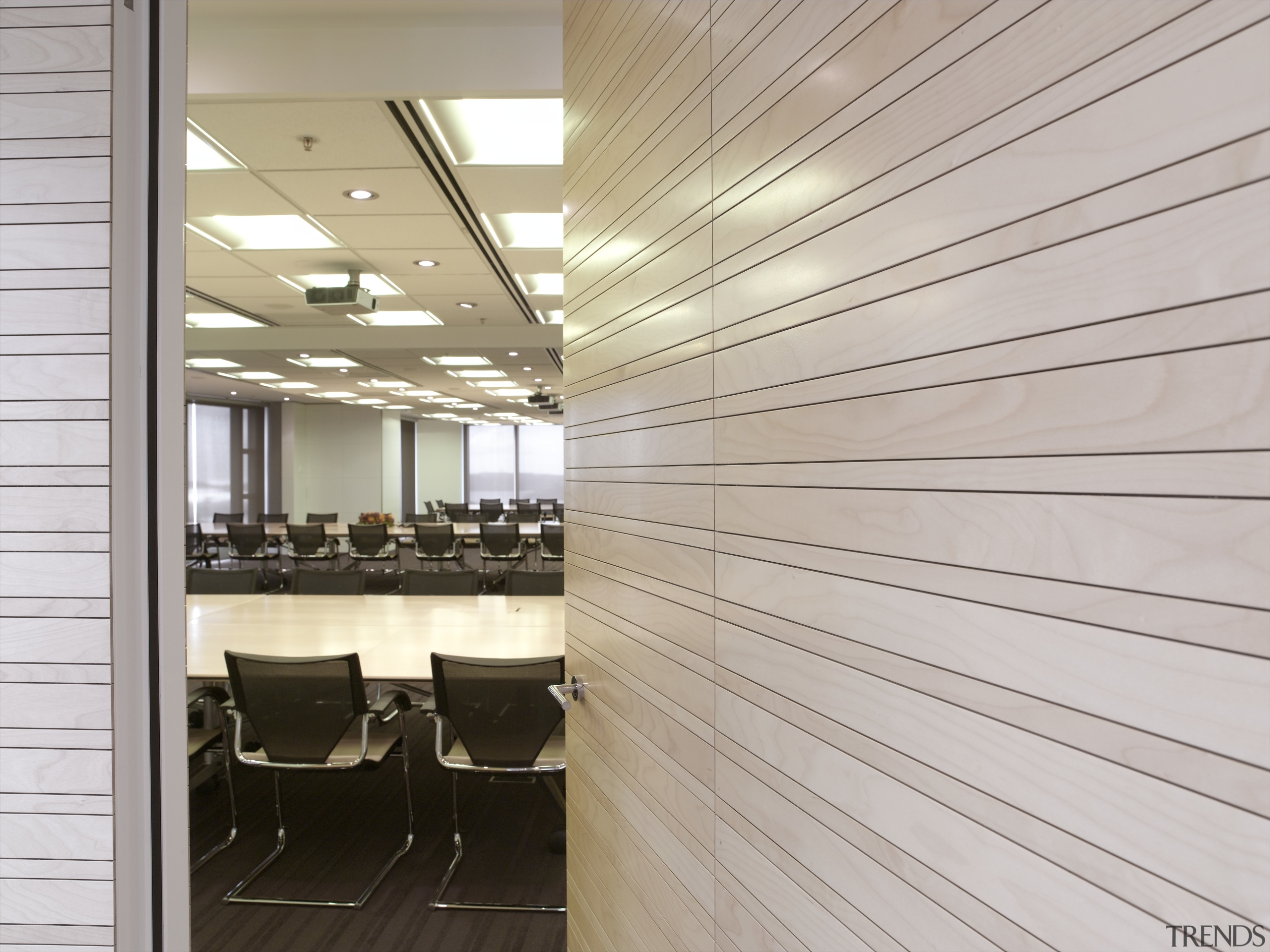 Timber slats, veneer panels and polyurethane were installed architecture, ceiling, daylighting, floor, flooring, interior design, wall, wood, gray