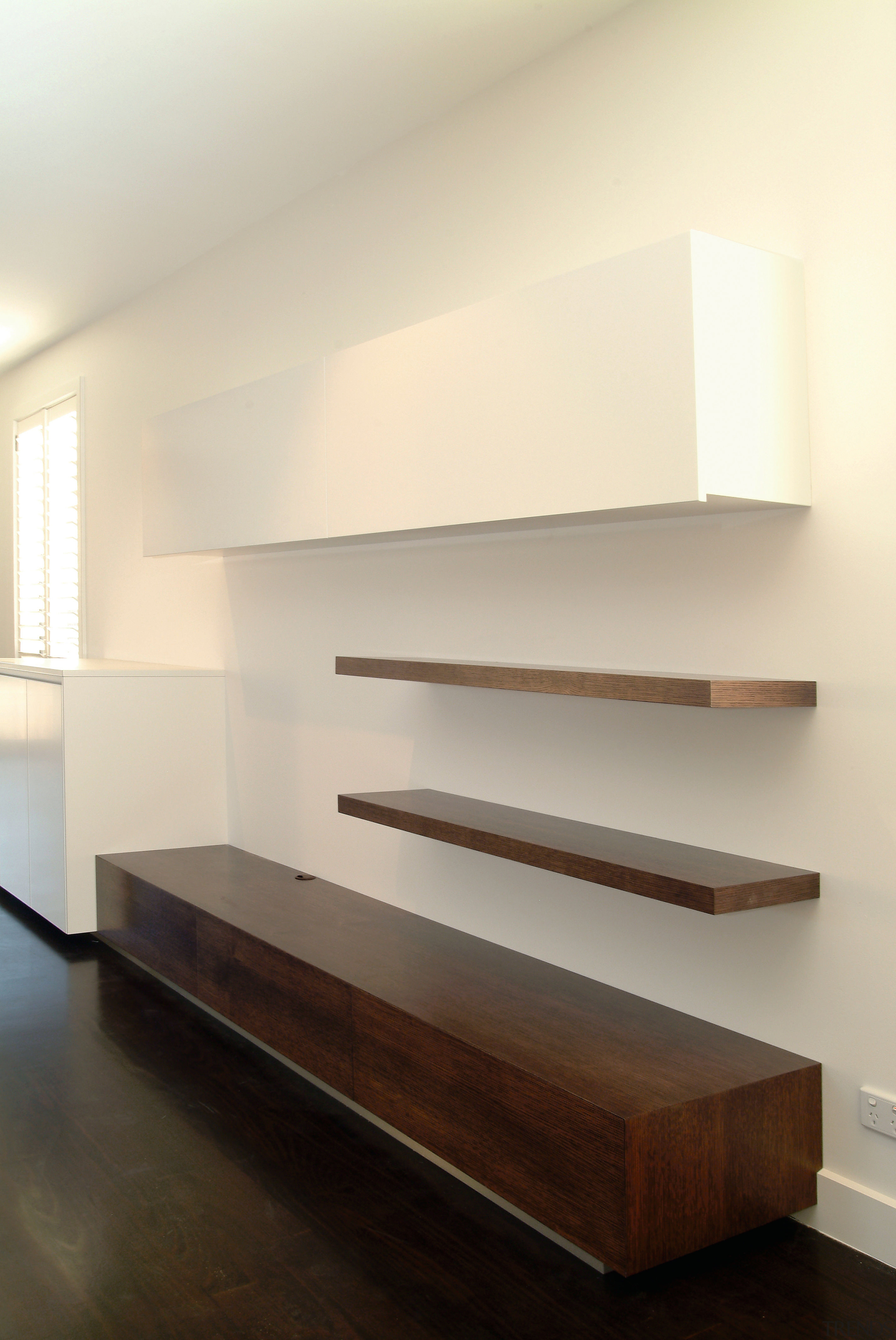 View of shelves - View of shelves - architecture, daylighting, floor, flooring, furniture, hardwood, interior design, product design, shelf, stairs, table, wall, wood, wood flooring, orange