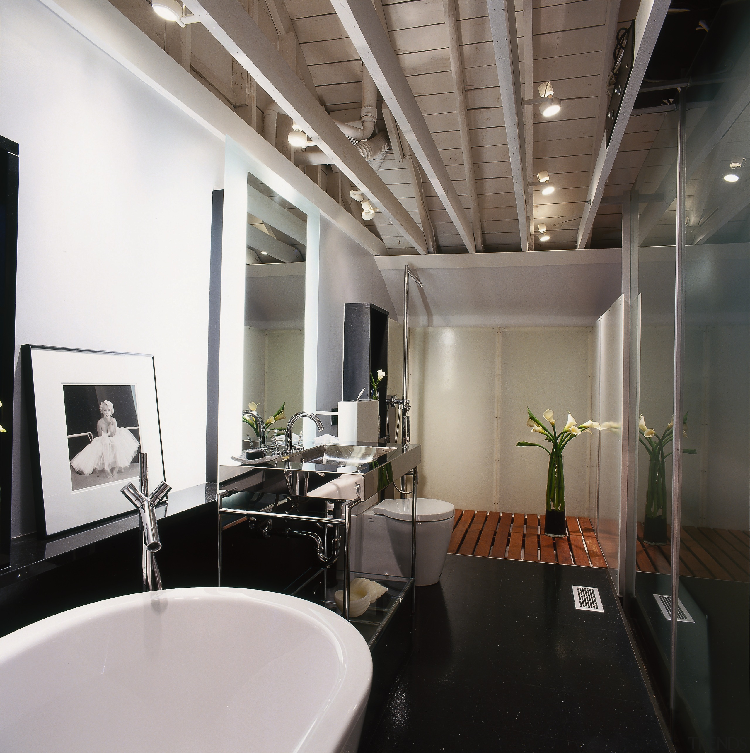 View of this modern bathroom - View of bathroom, ceiling, interior design, real estate, room, white, black