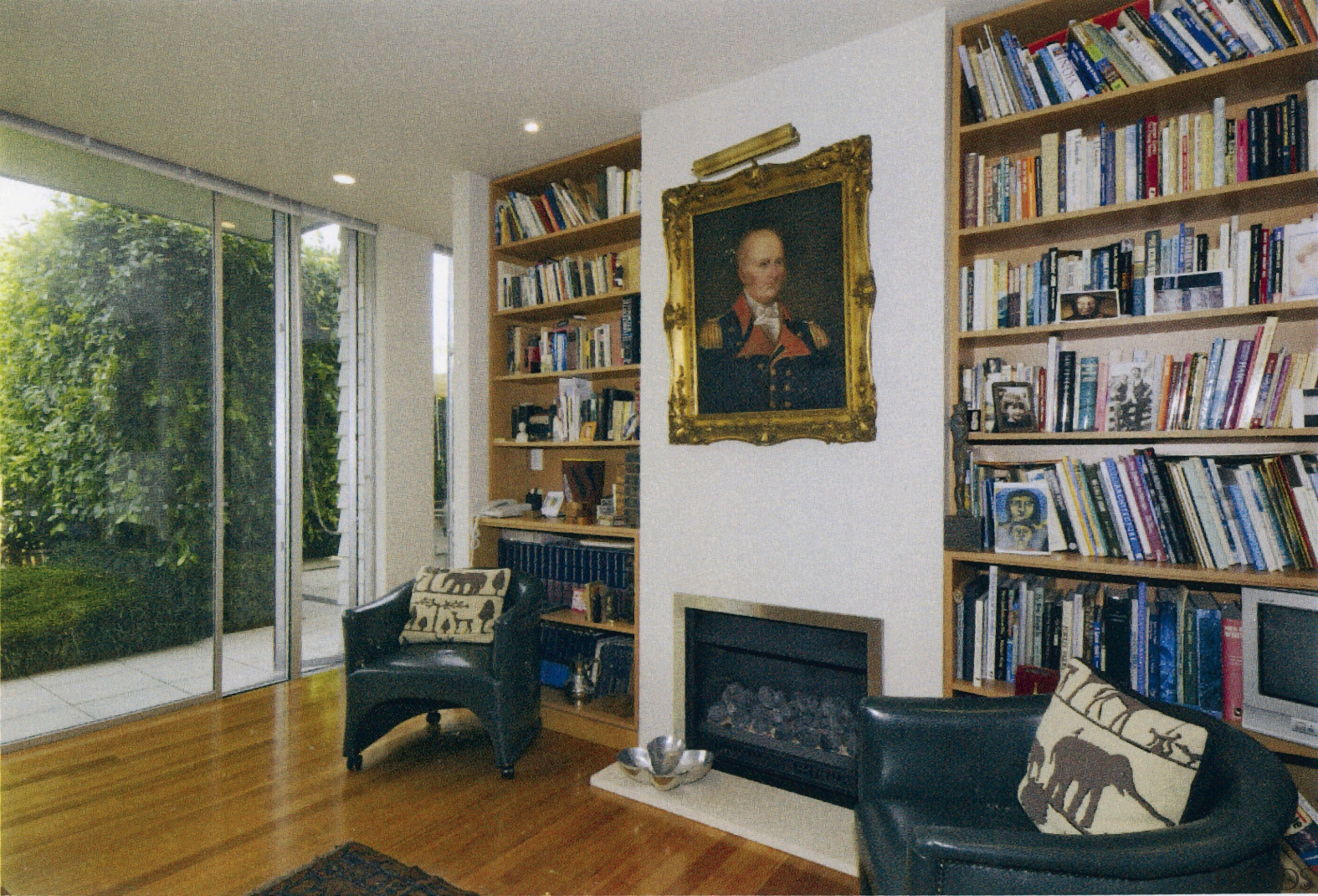 View of living room before renovation. - View bookcase, furniture, home, interior design, library, living room, real estate, room, shelving, gray