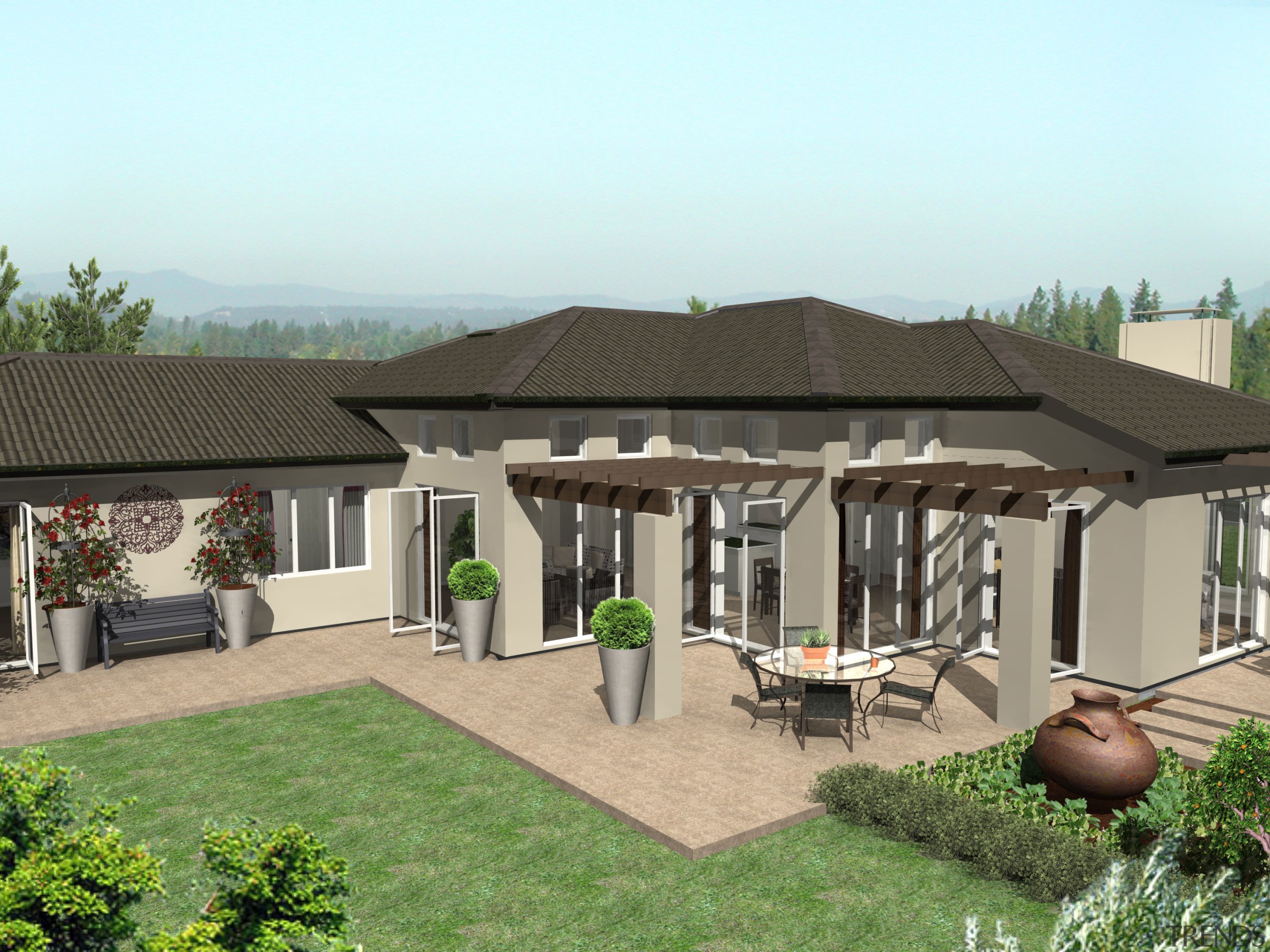 Exterior view of a home designed and built backyard, elevation, estate, home, house, outdoor structure, property, real estate, roof, villa, yard, white