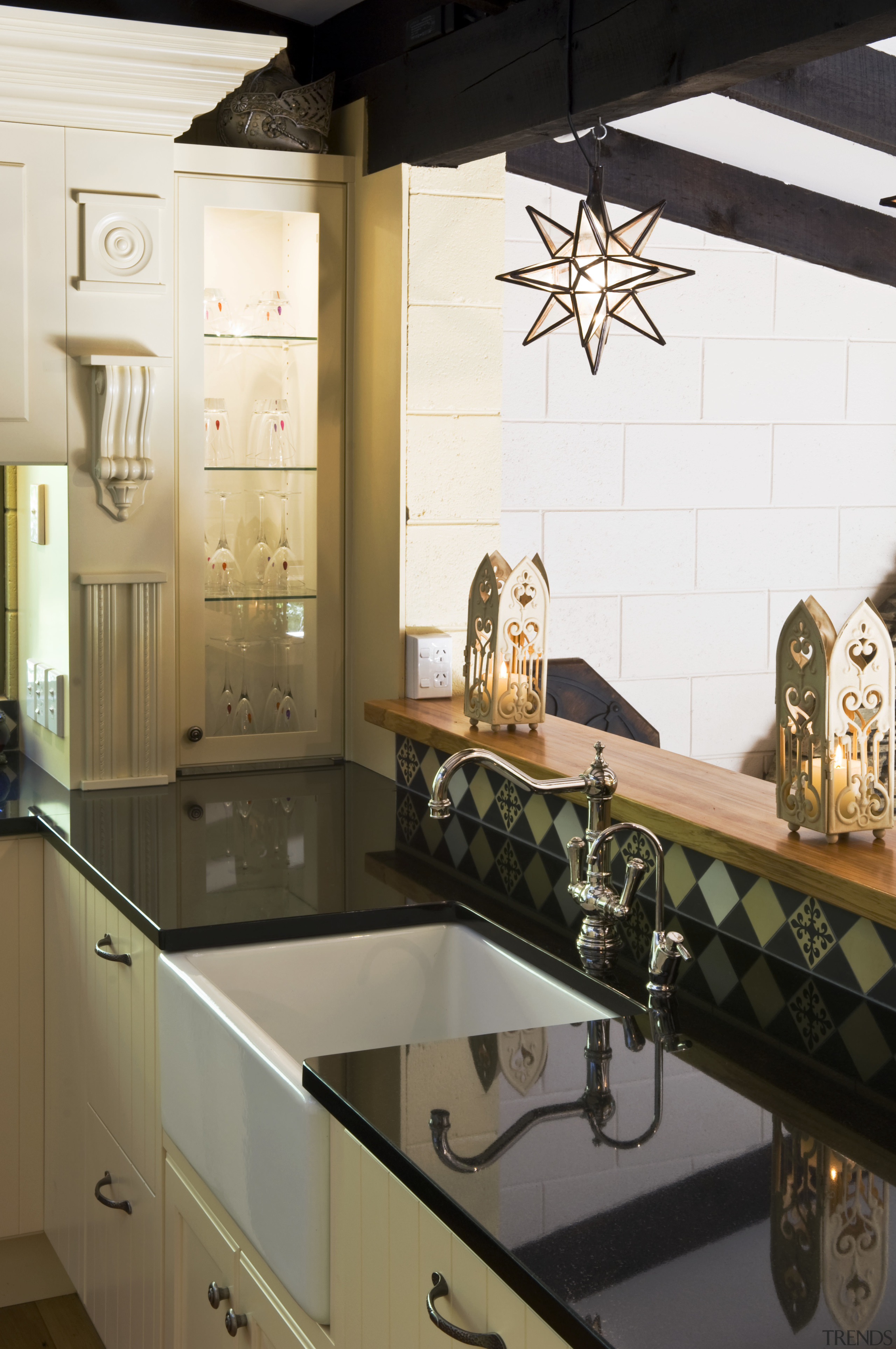 Image of kitchen designed by Debra DeLorenzo which countertop, home, interior design, kitchen, room, under cabinet lighting, white, black