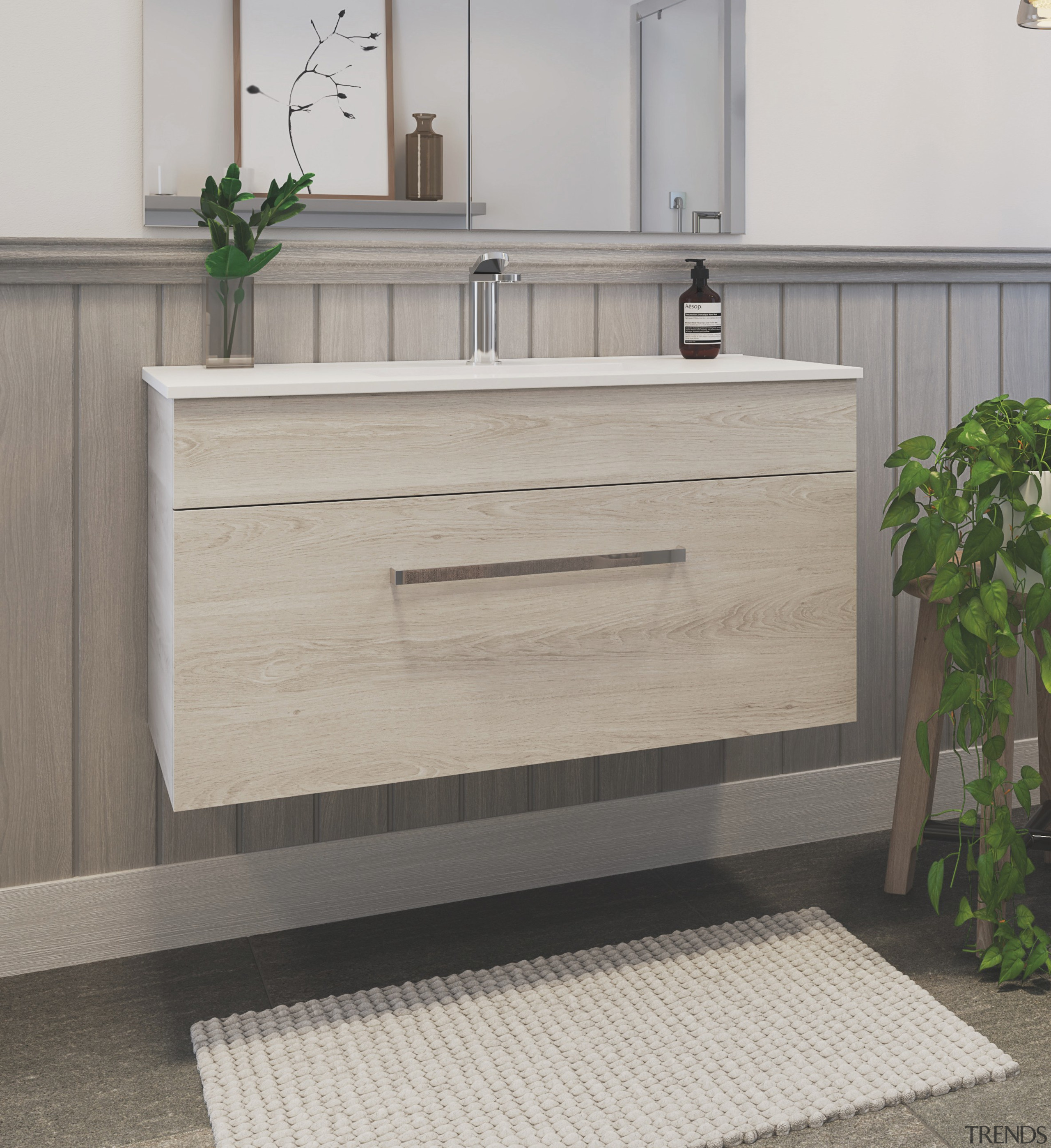 •Slimline vitreous china top with 1 tap hole •Woodgrain chest of drawers, drawer, floor, furniture, sink, wood, wood stain, gray