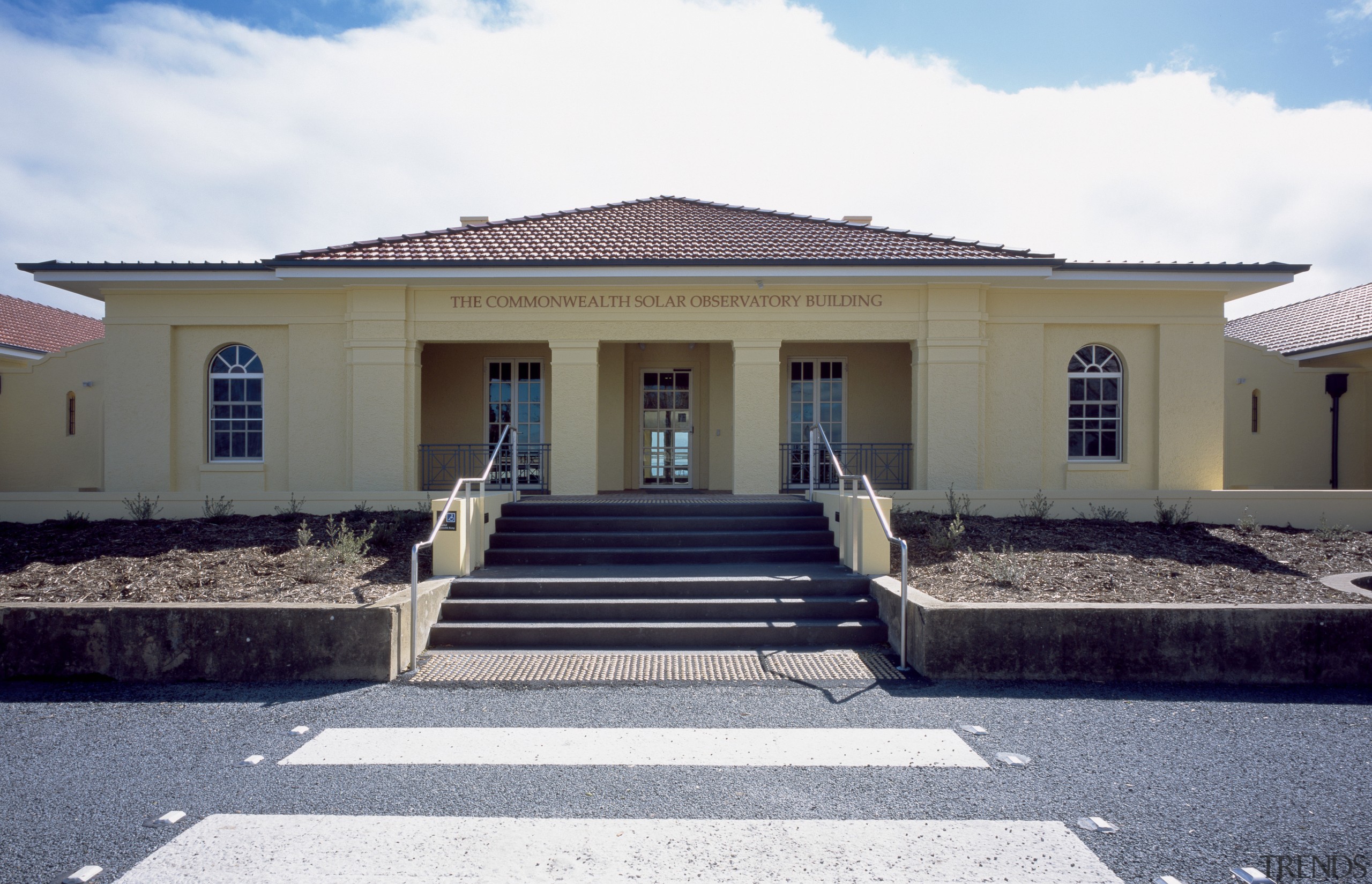 Exterior view of the observatory which features steel building, estate, facade, home, house, mansion, property, real estate, residential area, white, gray