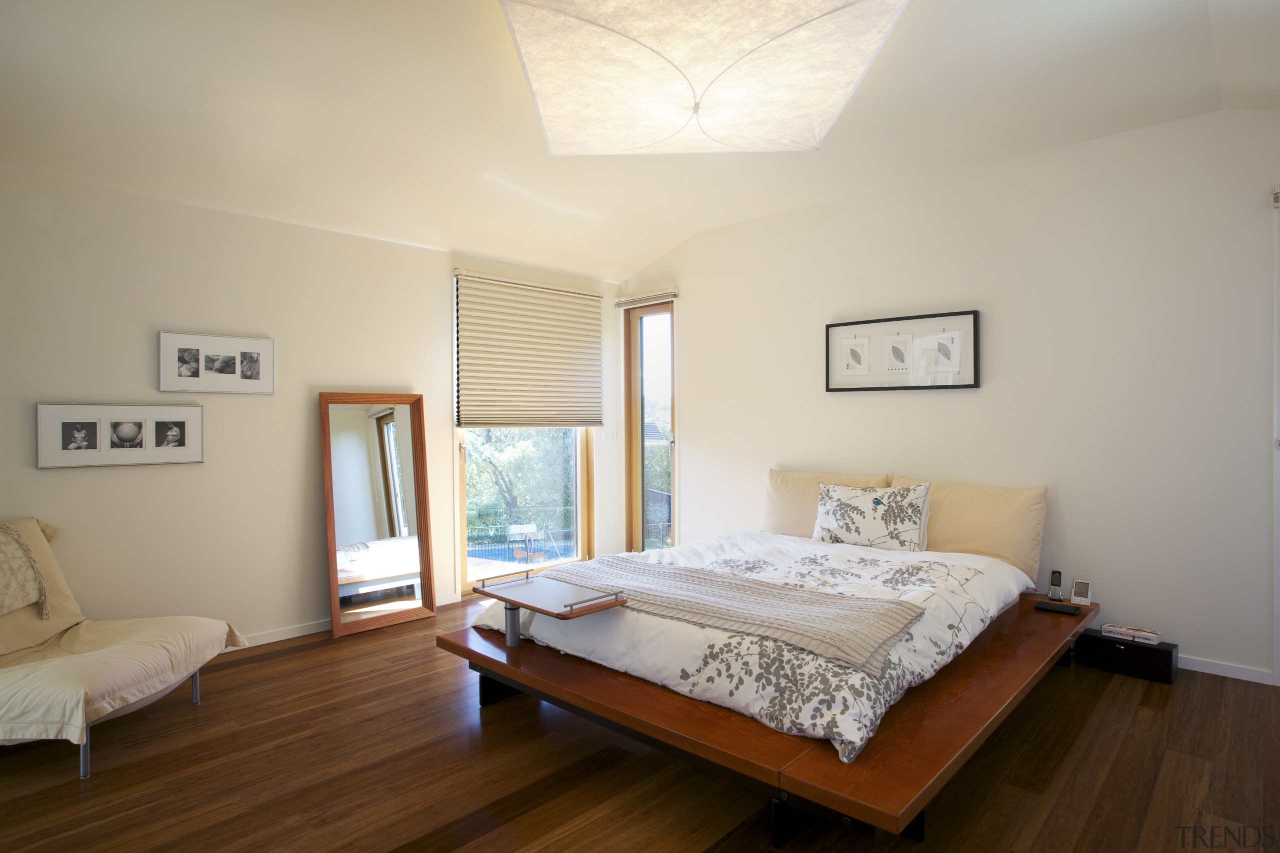 Airtight solution  the first vertified passive house bed, bed frame, bedroom, ceiling, daylighting, estate, floor, hardwood, home, interior design, property, real estate, room, wood, wood flooring, gray