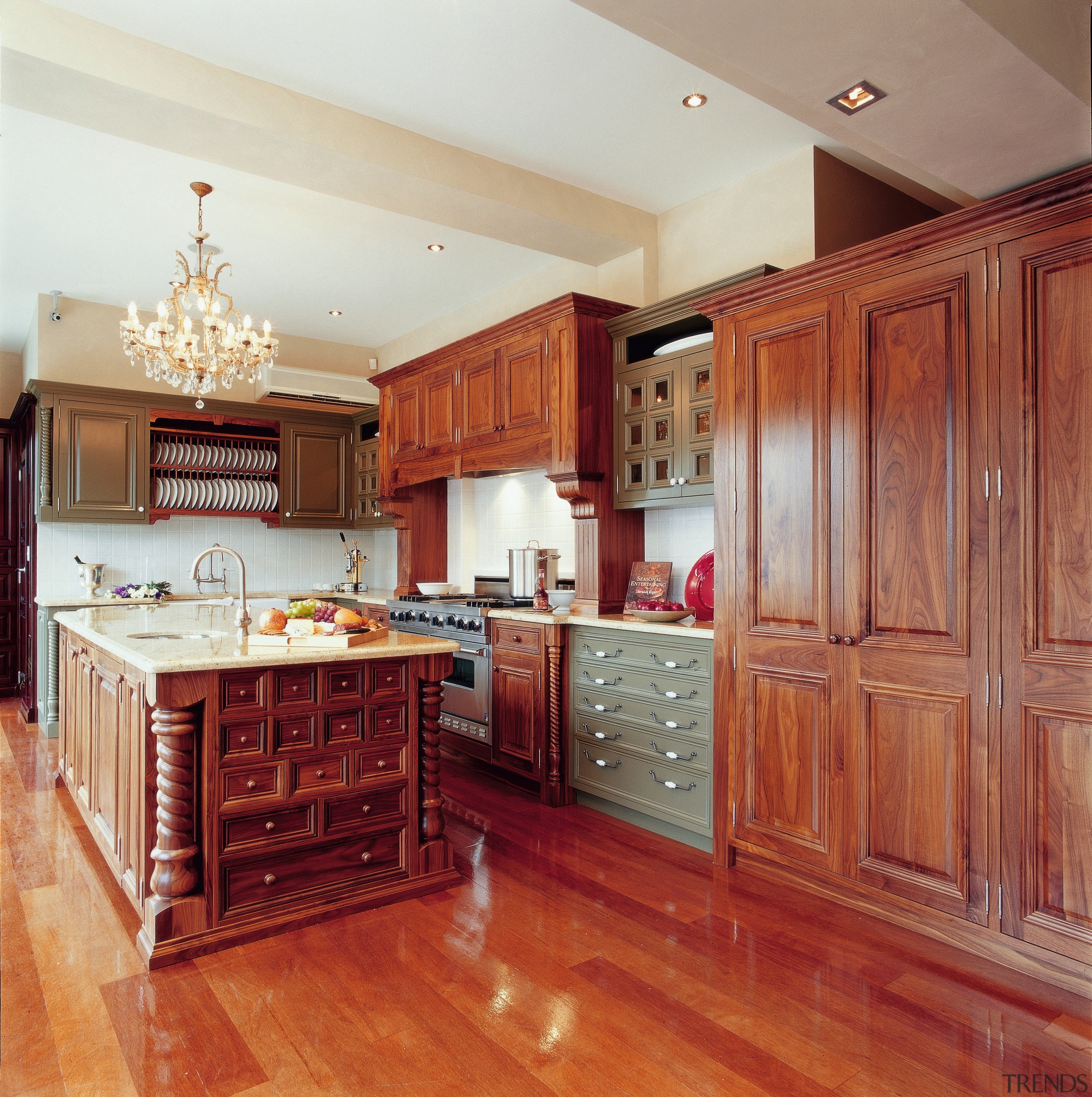 View of traditional kitchen with timber cabinetry and cabinetry, countertop, cuisine classique, floor, flooring, hardwood, interior design, kitchen, laminate flooring, room, wood, wood flooring, red