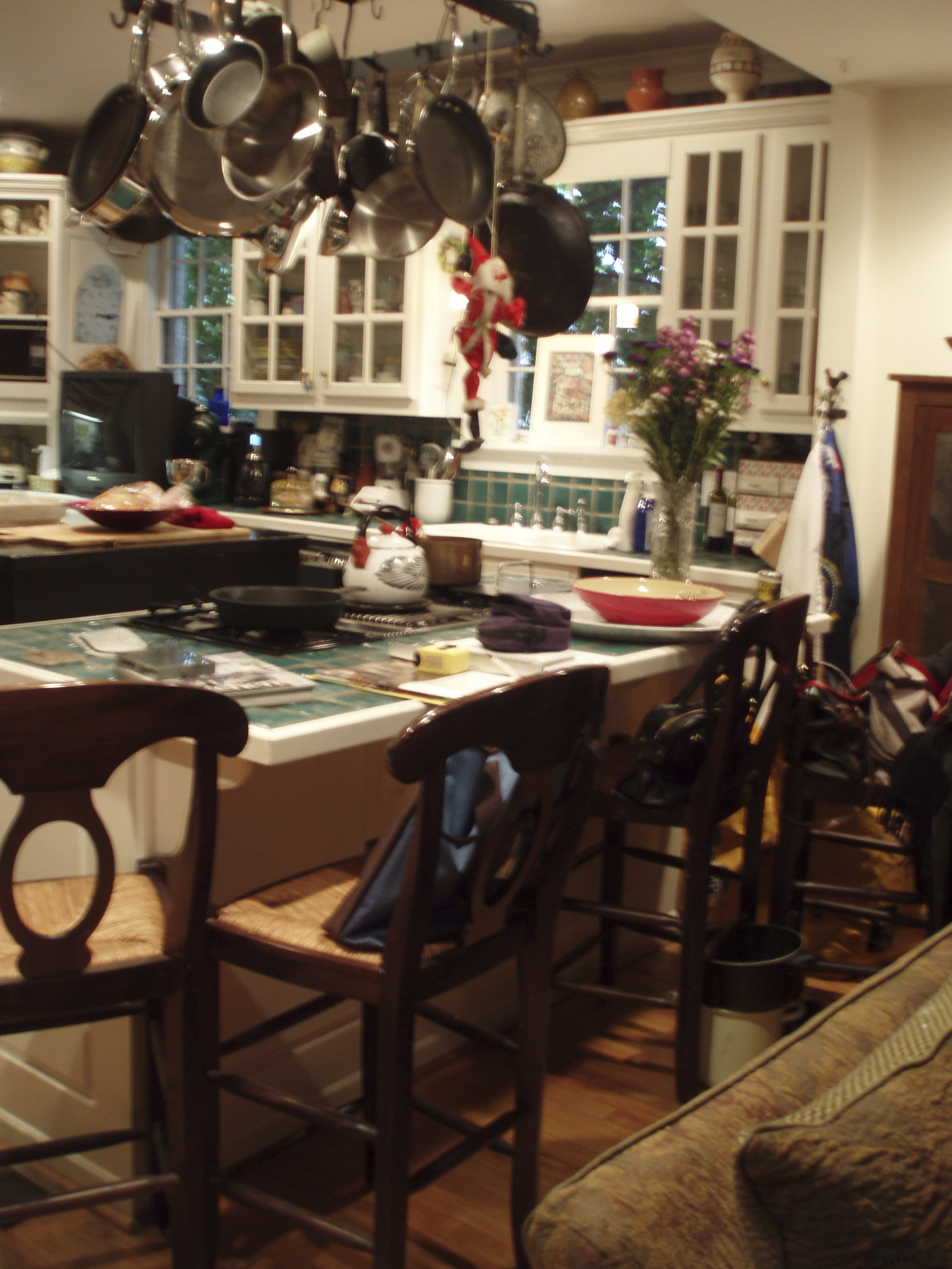 View of remodeled kitchen with rainforest green marble dining room, furniture, home, interior design, room, table, wood, brown, black