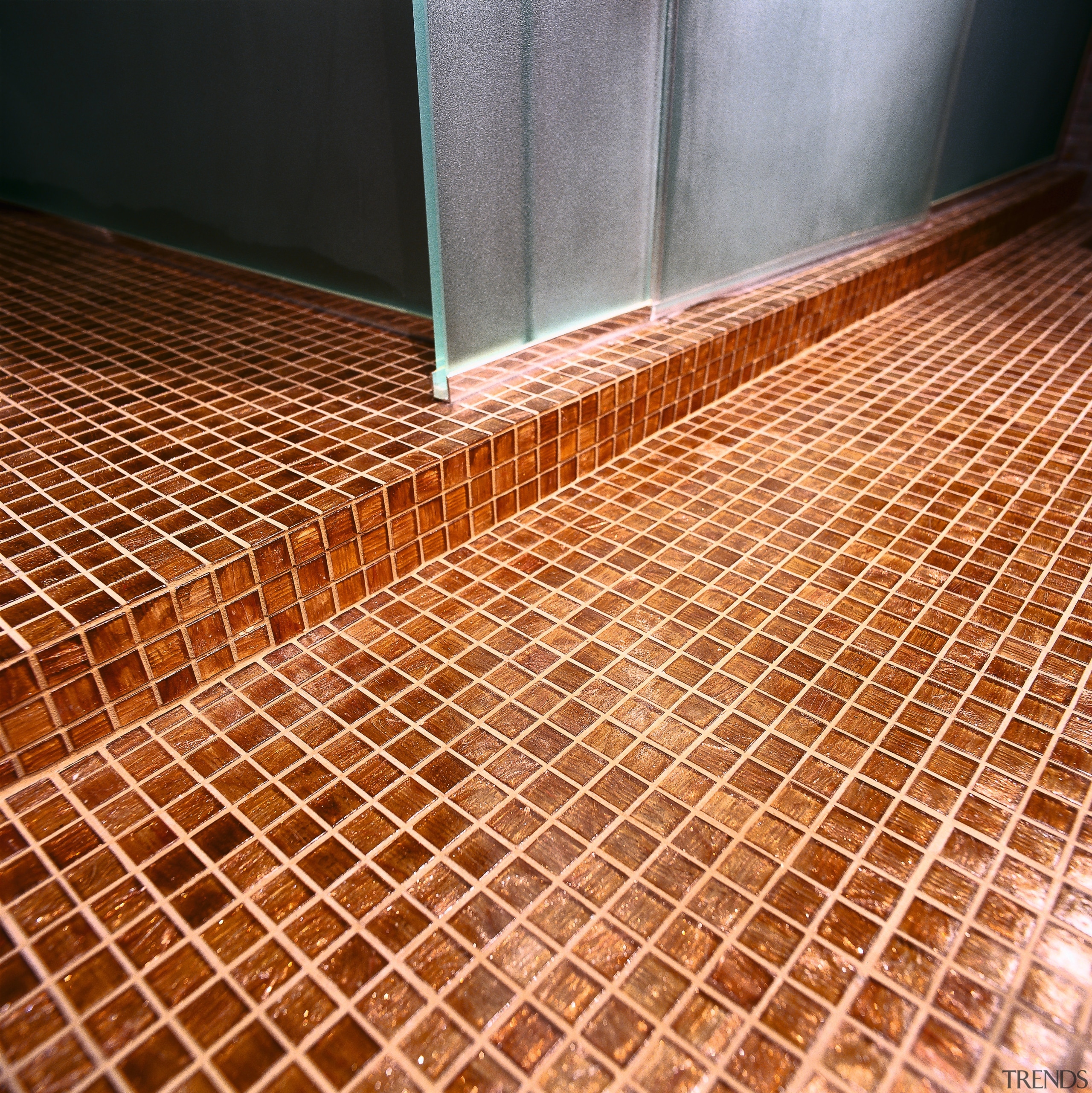 View of this mosaic tiled floor - View brick, brickwork, floor, flooring, hardwood, line, material, tile, wall, wood, wood stain, brown, orange