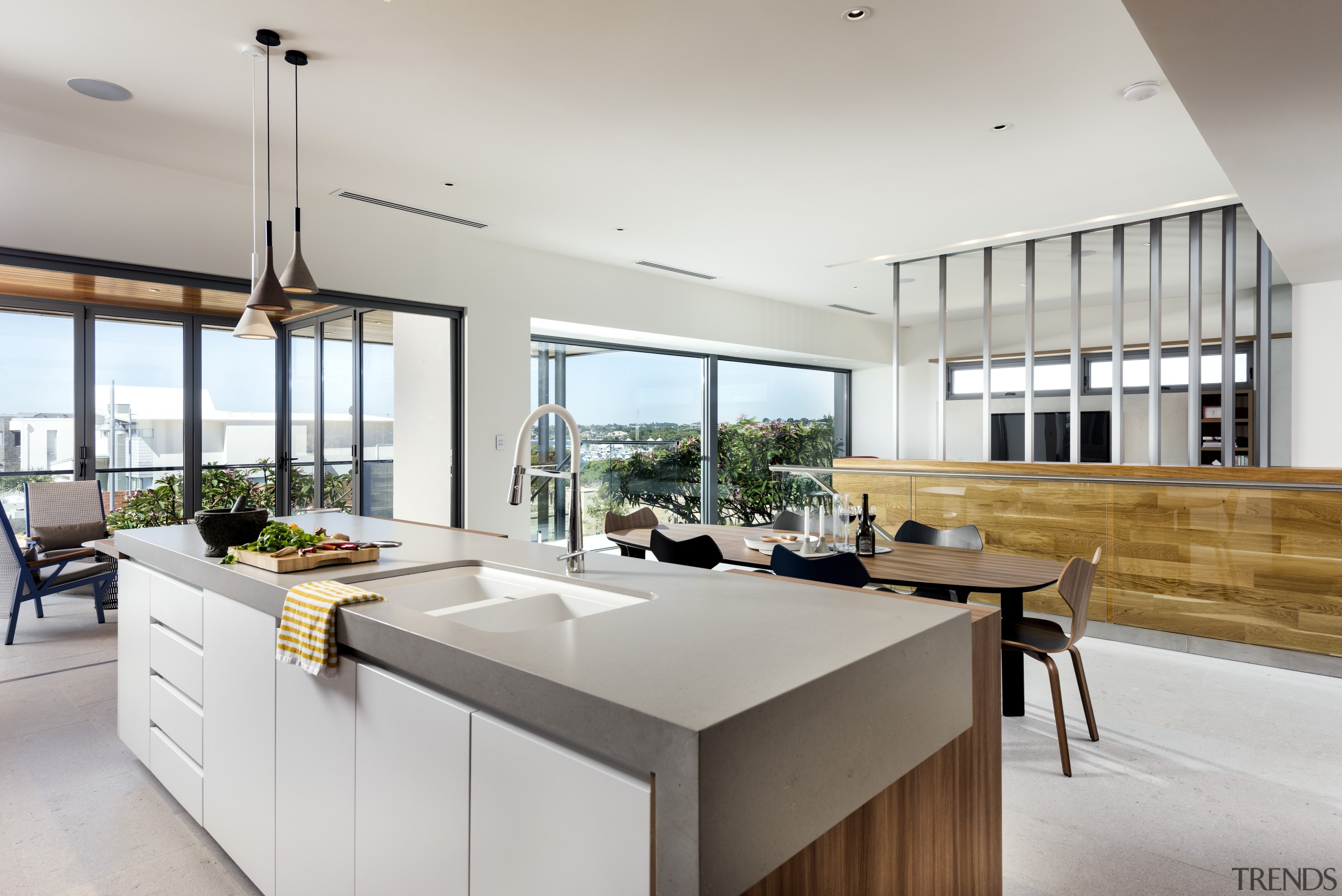 ​​​​​​​Kitchen with quite a view – this kitchen’s architecture, black-and-white, cabinetry, countertop, benchtop, design, floor, flooring, furniture, kitchen, lighting, gray, Ceasarstone, tap, Nadia Clark, Riverstone Custom Homes