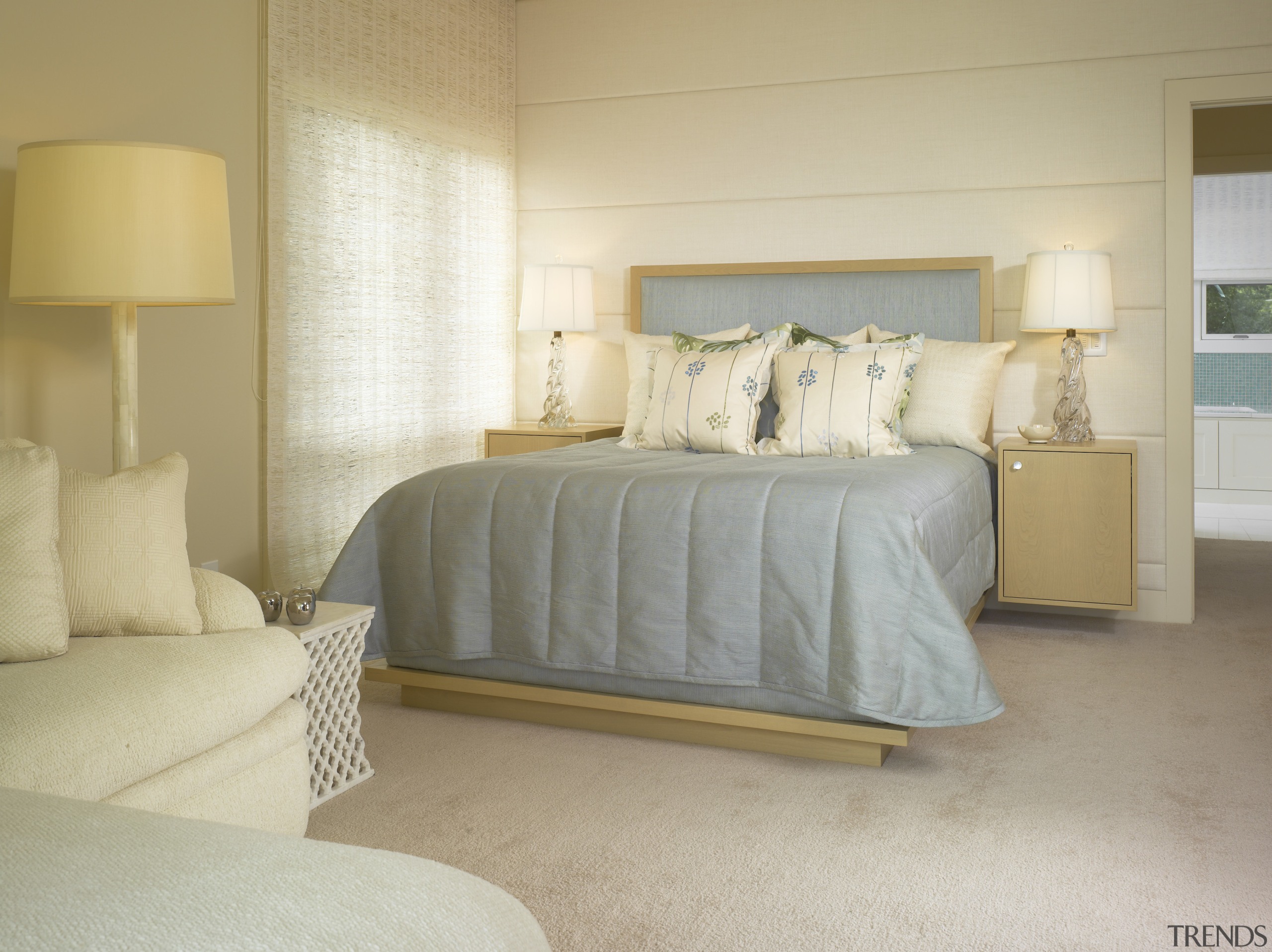 A view of the mater bedroom featuring carpet bed frame, bedding, bedroom, ceiling, floor, home, interior design, real estate, room, suite, wall, window, window covering, window treatment, wood, orange