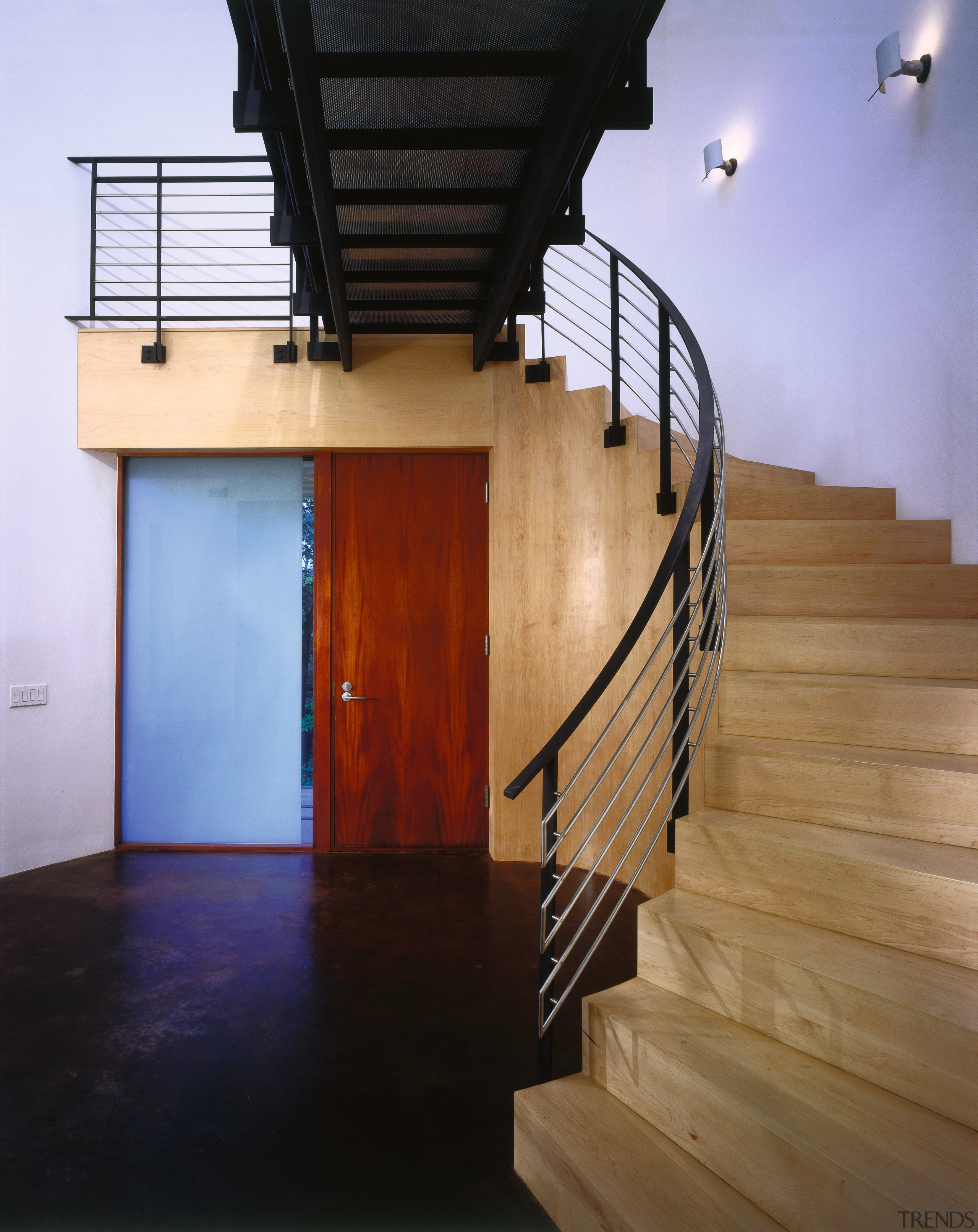 A vie wof the wooden stairway, wooden flooring architecture, daylighting, floor, handrail, hardwood, house, stairs, wood