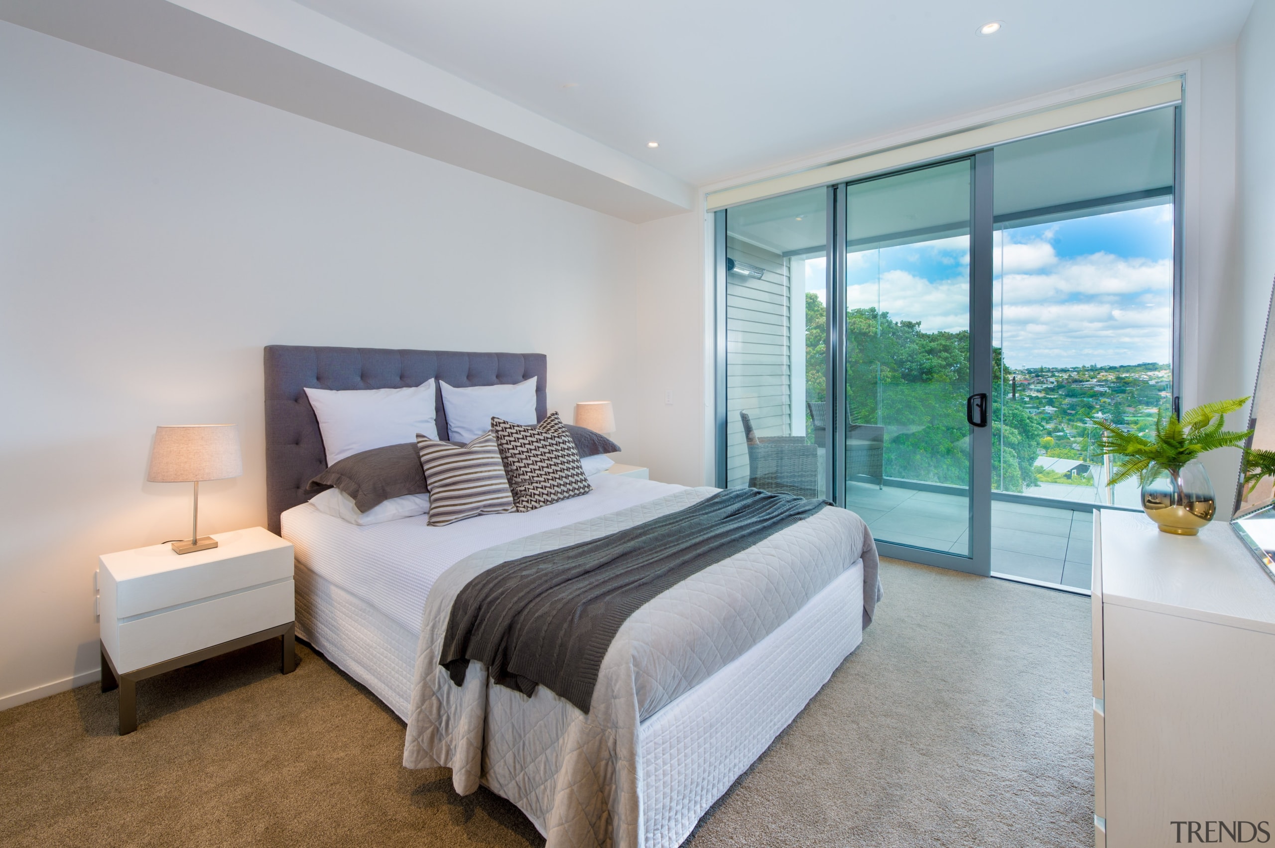 Bedroom with ensuite and balcony - Bedroom with bed frame, bedroom, ceiling, condominium, estate, home, interior design, property, real estate, room, suite, window, gray