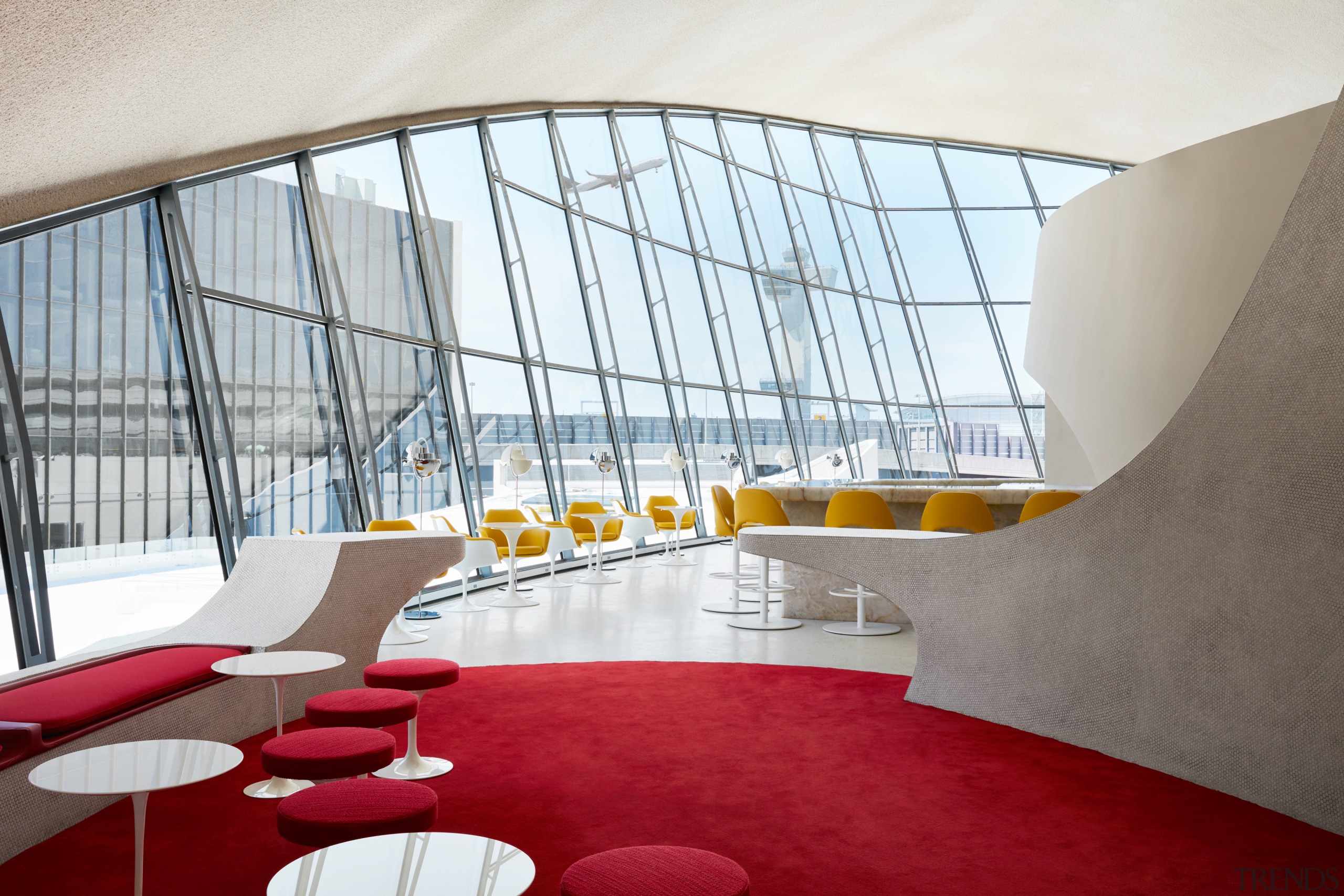 Visitors to TWA Hotel’s Sunken Lounge and the architecture, TWA Hotel, Sunken Lounge, Paris Cafe, Jean-georges, TWa Hotel