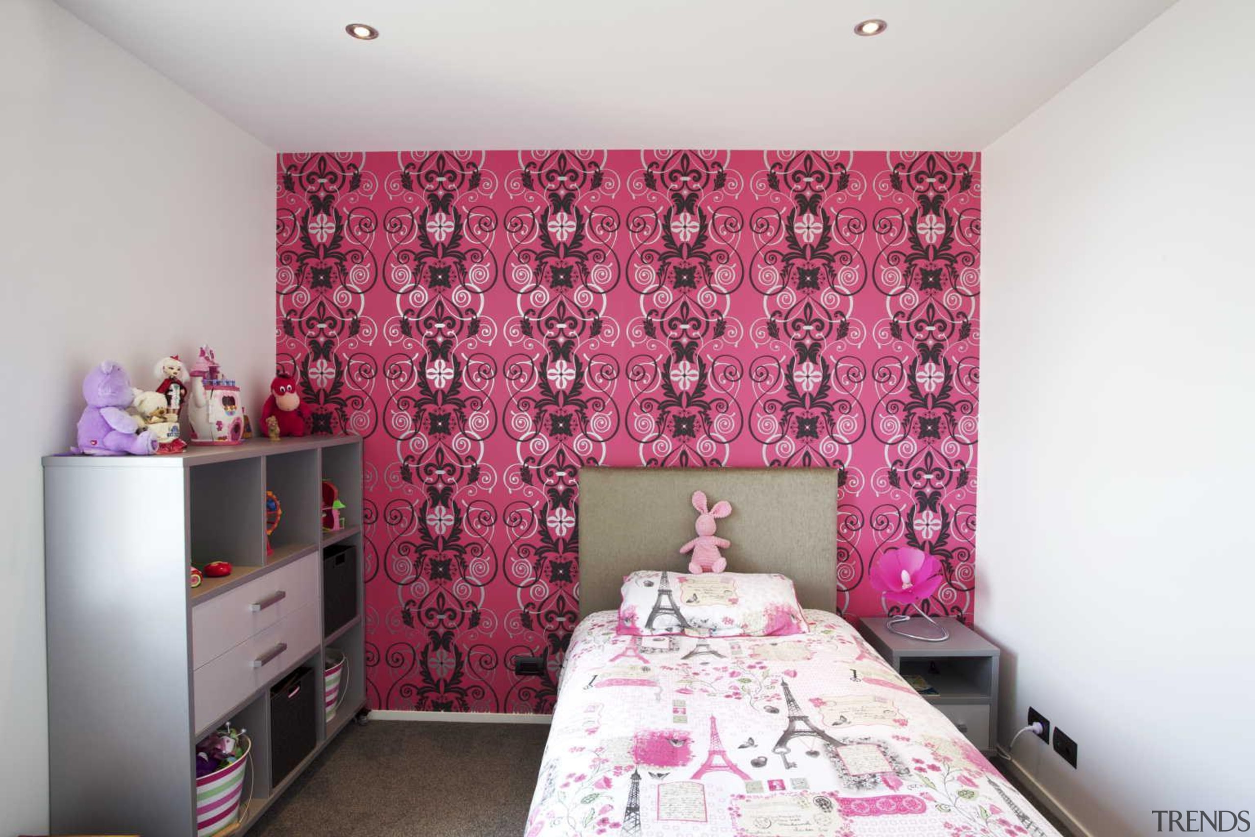 Child's bedroom with pink wallpaper - Child's Room bed sheet, bedroom, home, interior design, pink, purple, real estate, room, textile, wall, white