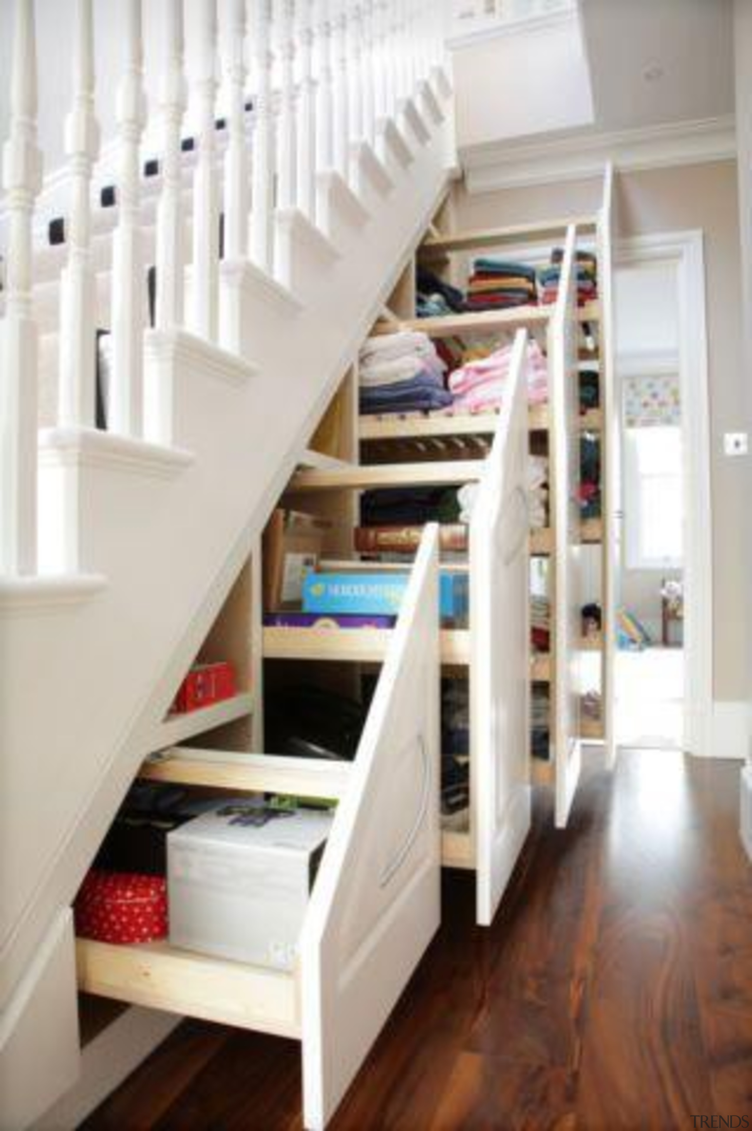 Stair Storage - floor | flooring | furniture floor, flooring, furniture, hardwood, room, shelf, shelving, stairs, gray