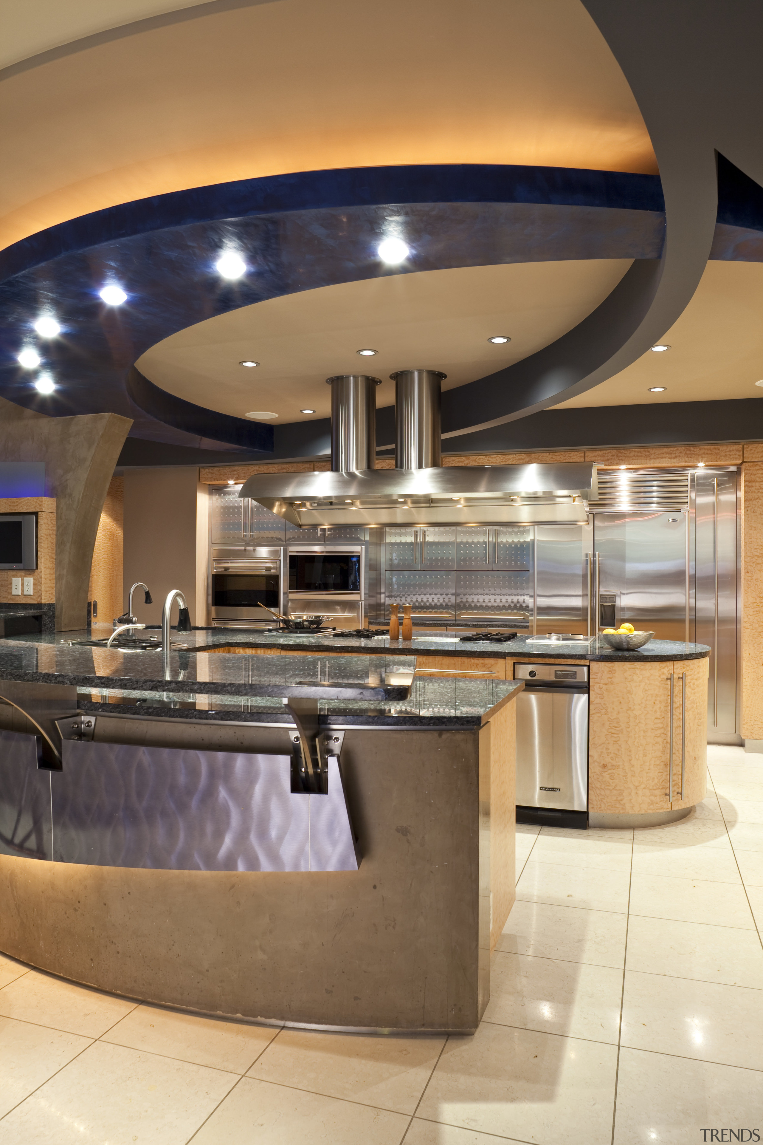 View of a kitchen which features a U-shaped ceiling, countertop, interior design, kitchen, lobby, orange, brown