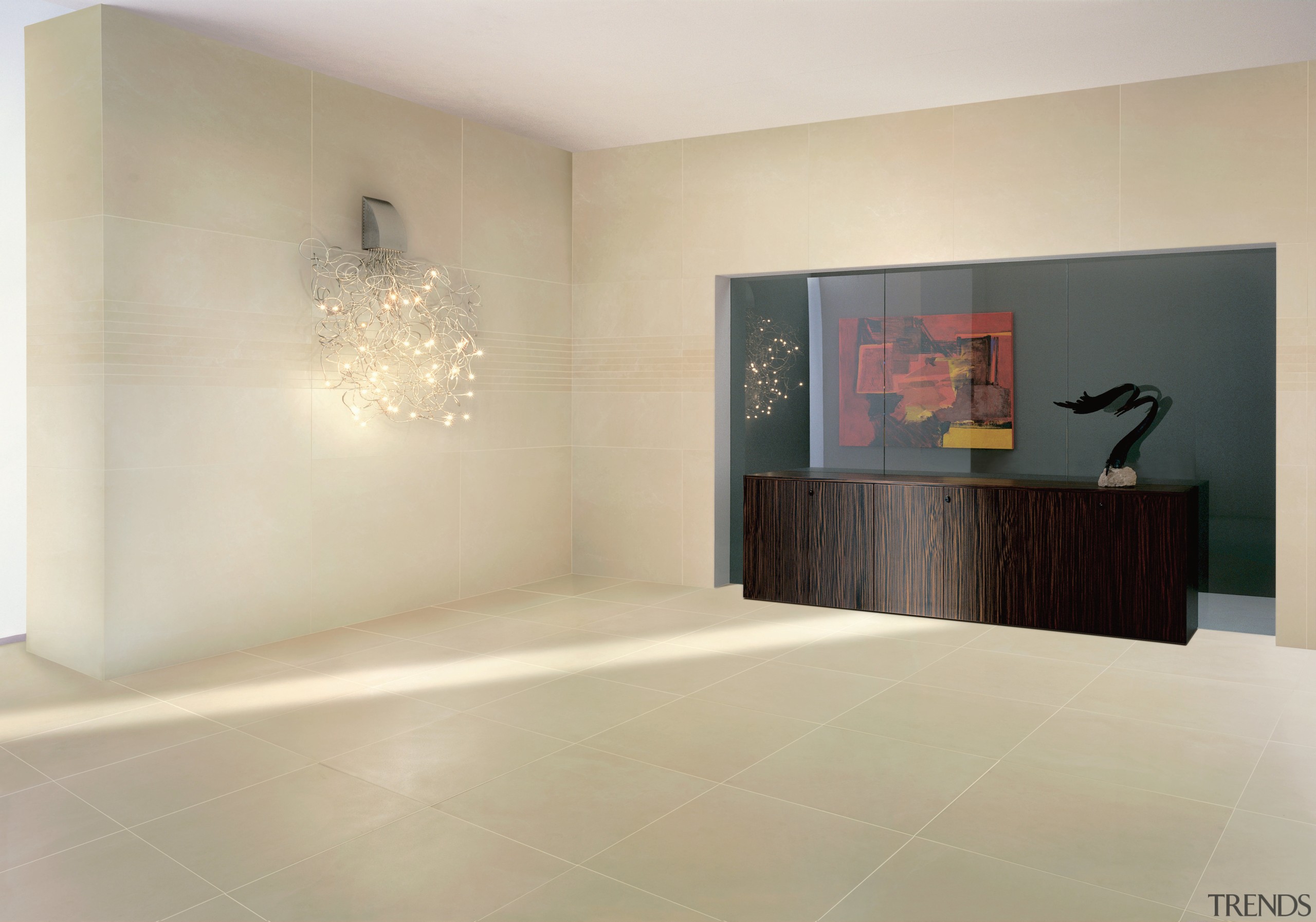 This reception area has been clad in Kerlite floor, flooring, interior design, property, room, tile, wall, orange