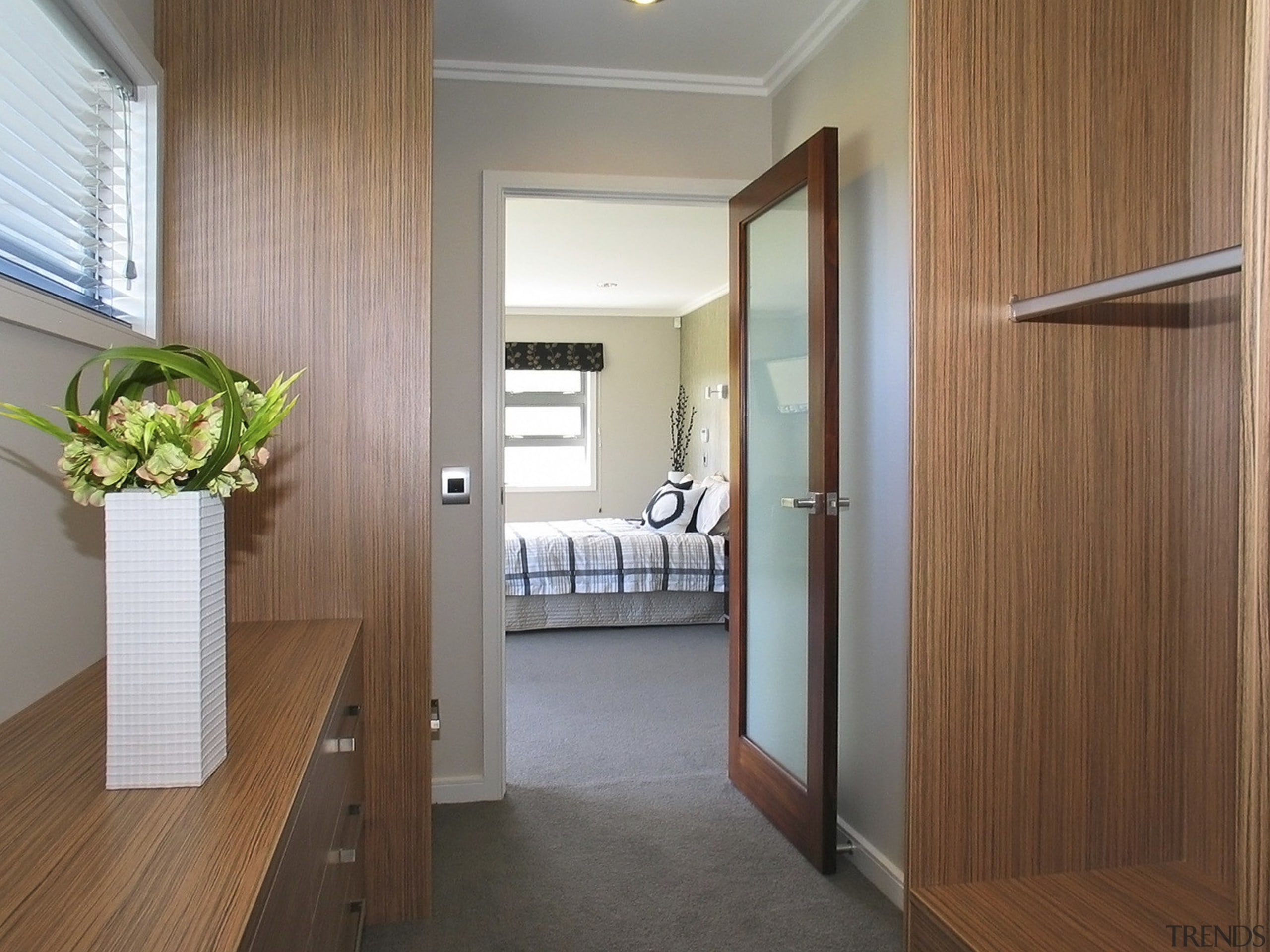 View of timber storage cupboards and shelving. - architecture, ceiling, door, floor, flooring, hardwood, home, interior design, property, real estate, room, wood, gray, brown