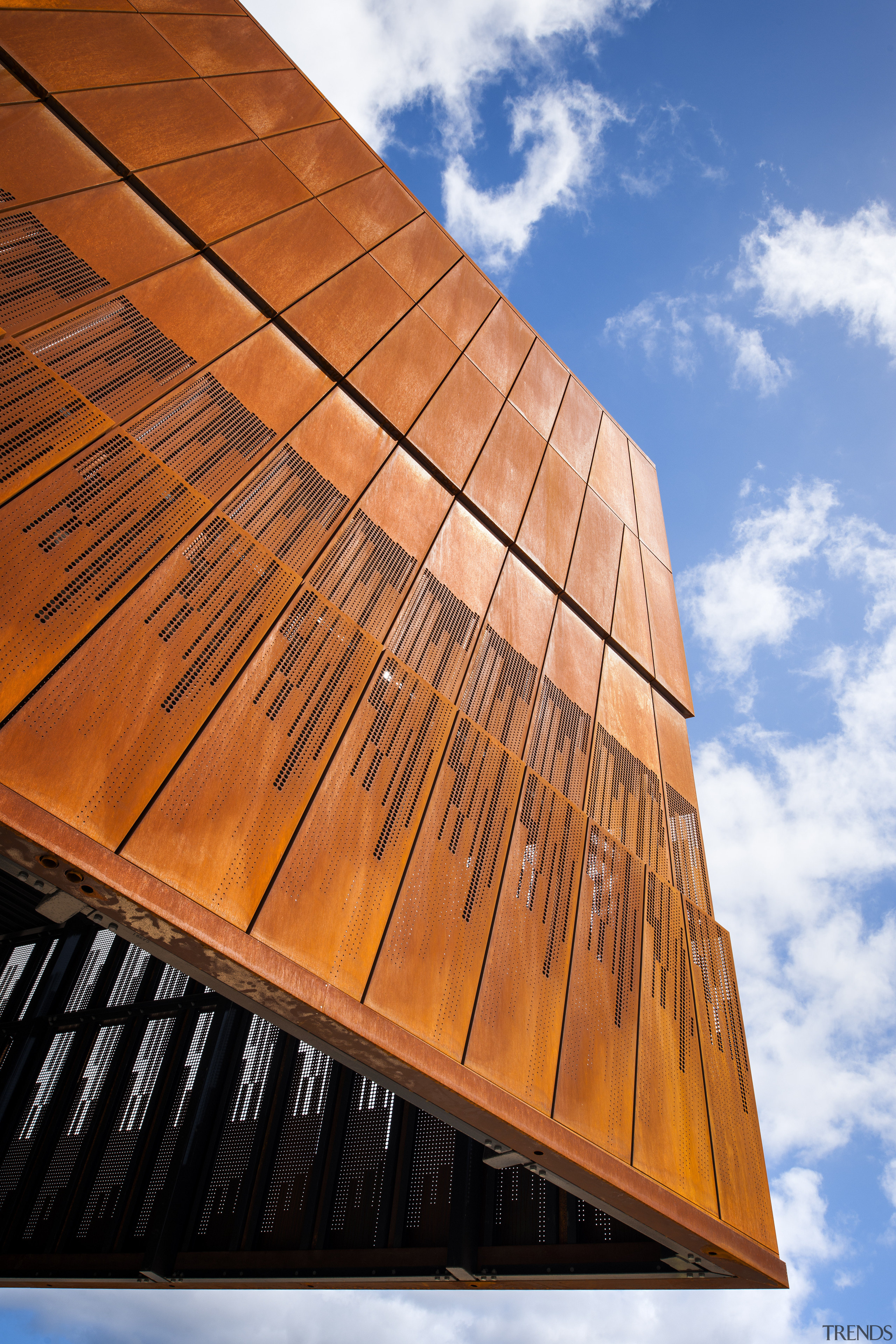 The South Australia Drill Core Librarys cantilevered roof architecture, building, daylighting, facade, landmark, line, reflection, sky, sunlight, wood, brown